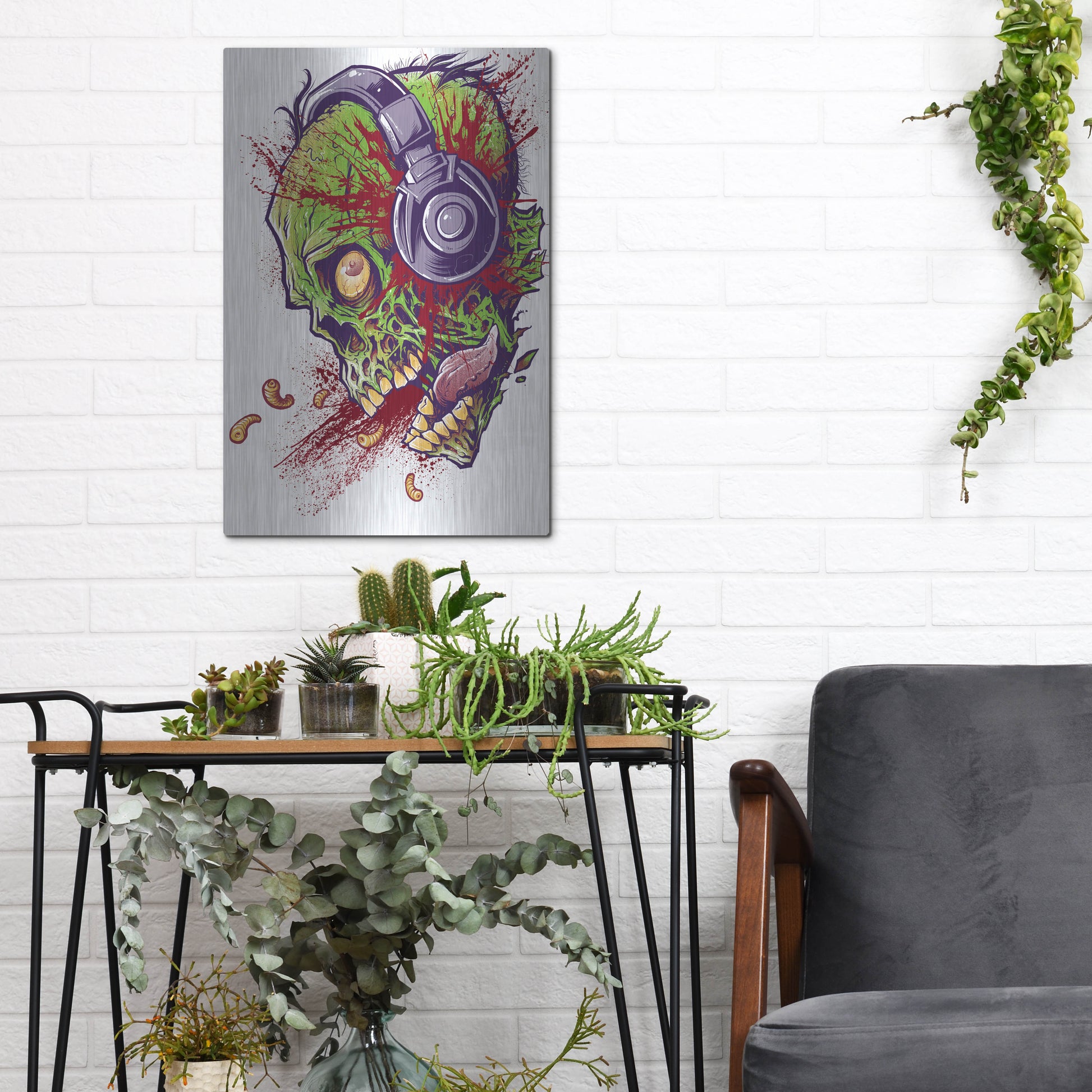 Luxe Metal Art 'Zombie With Headphones' by Flyland Designs, Metal Wall Art,12x16