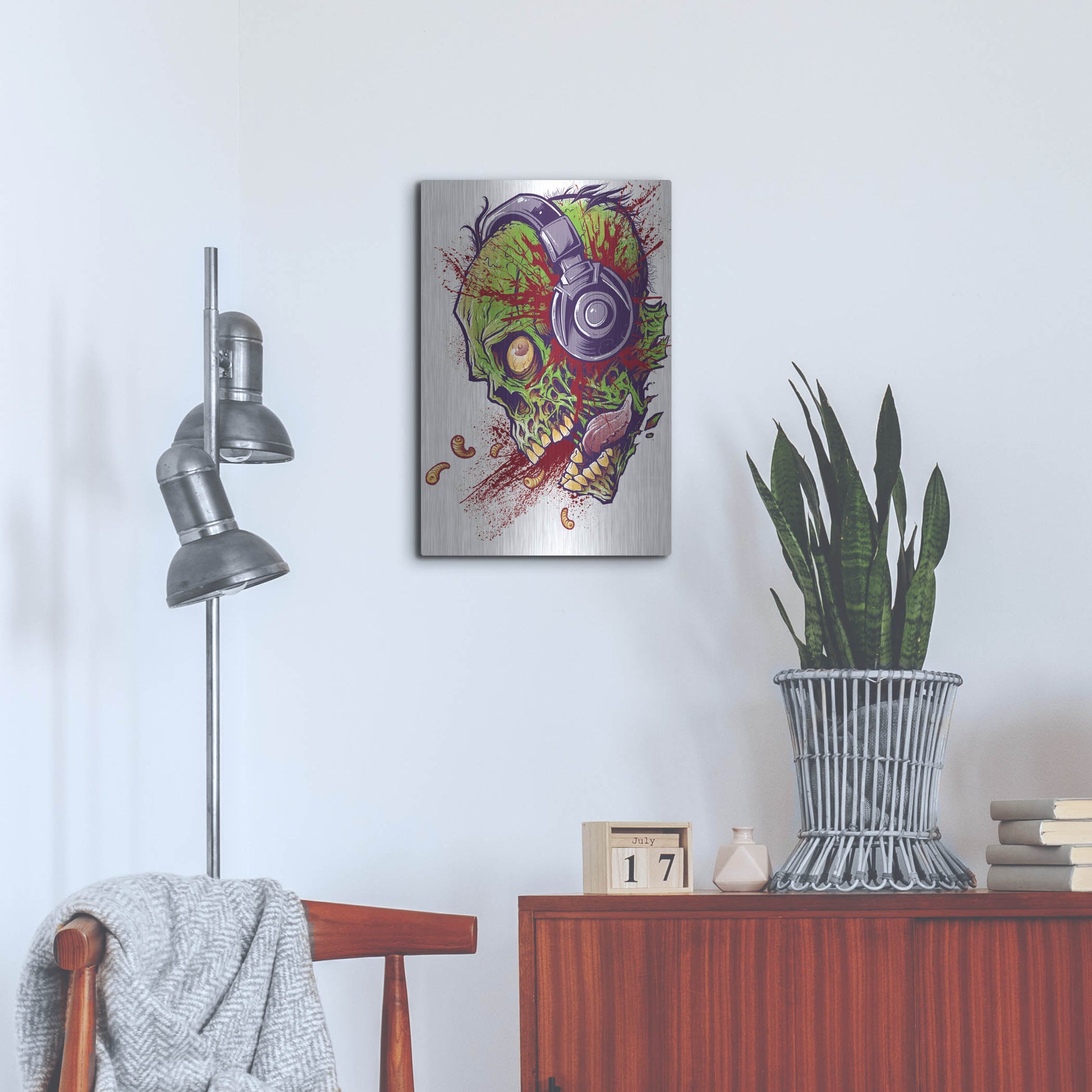 Luxe Metal Art 'Zombie With Headphones' by Flyland Designs, Metal Wall Art,16x24