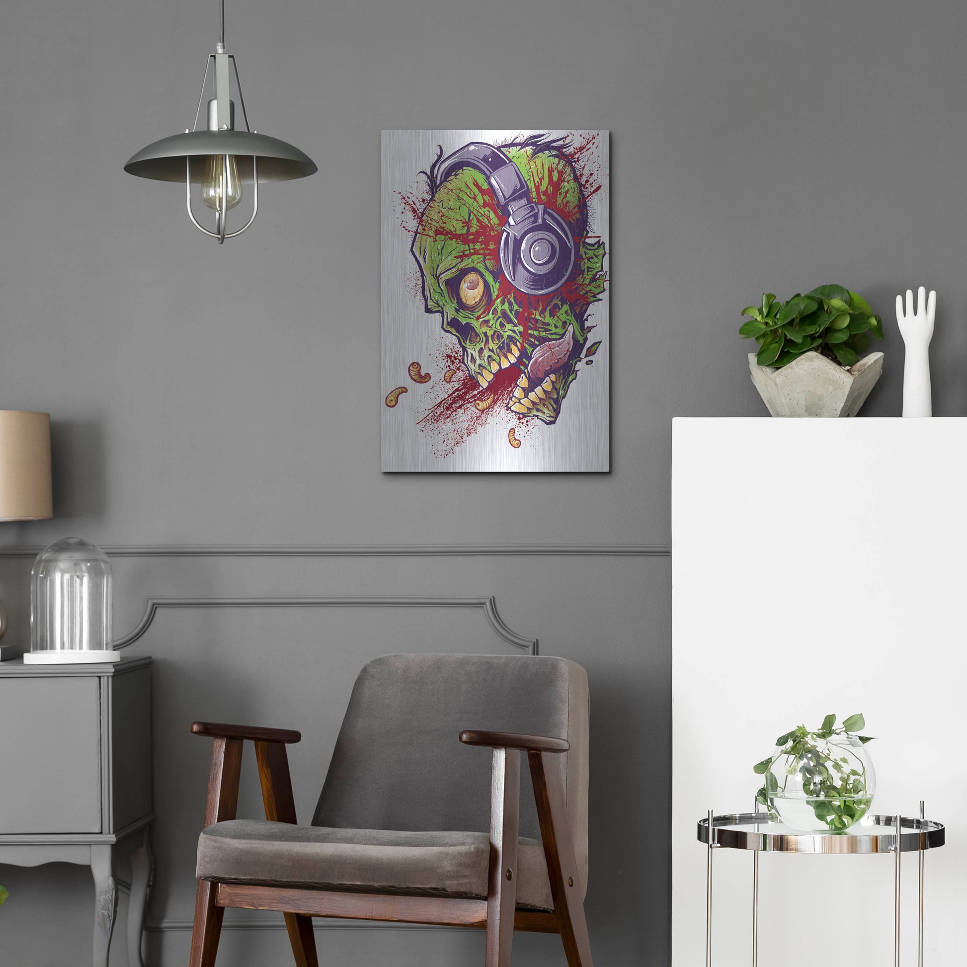 Luxe Metal Art 'Zombie With Headphones' by Flyland Designs, Metal Wall Art,16x24