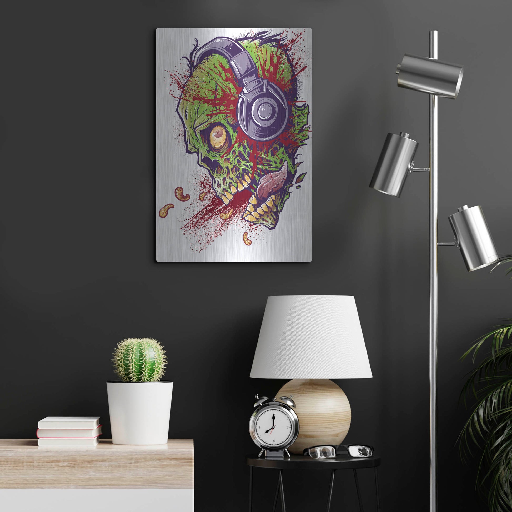 Luxe Metal Art 'Zombie With Headphones' by Flyland Designs, Metal Wall Art,16x24