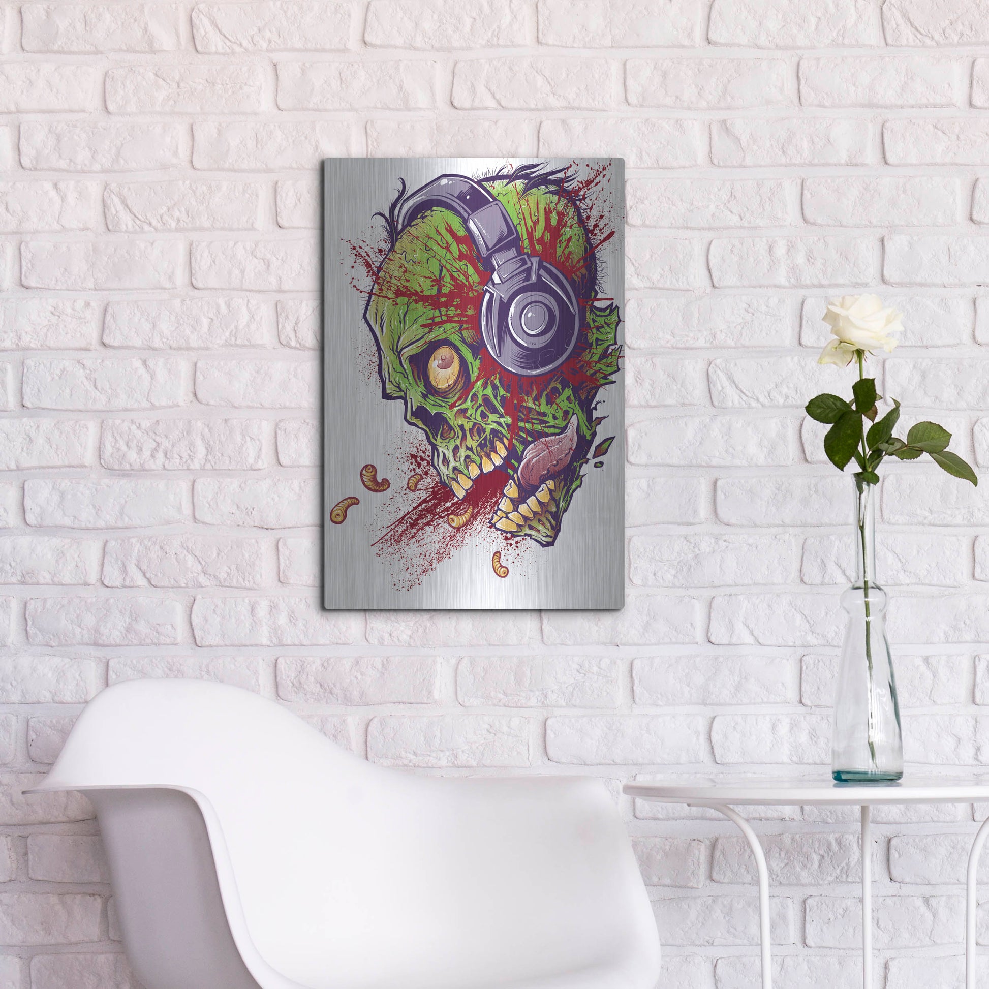 Luxe Metal Art 'Zombie With Headphones' by Flyland Designs, Metal Wall Art,16x24