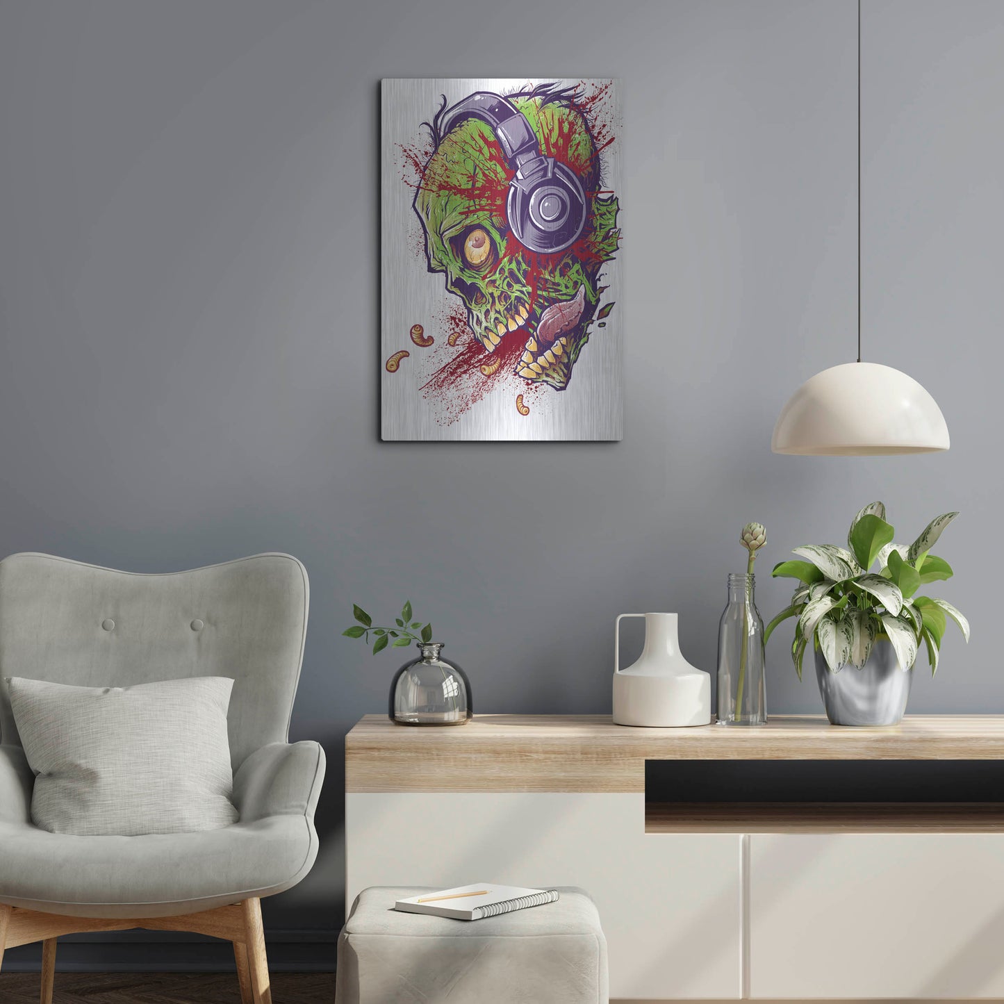 Luxe Metal Art 'Zombie With Headphones' by Flyland Designs, Metal Wall Art,16x24