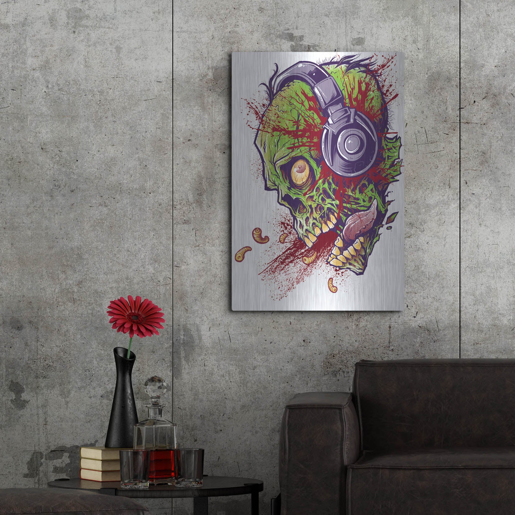 Luxe Metal Art 'Zombie With Headphones' by Flyland Designs, Metal Wall Art,24x36