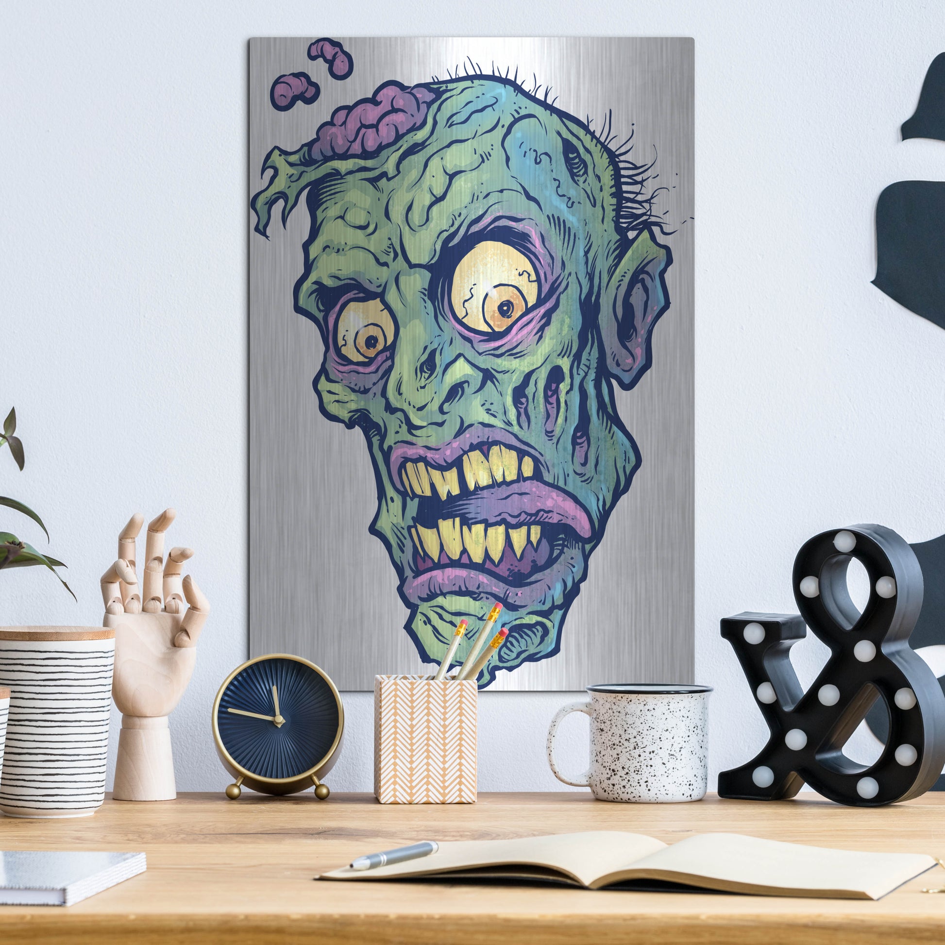 Luxe Metal Art 'Zombie Pattern Head 01' by Flyland Designs, Metal Wall Art,12x16