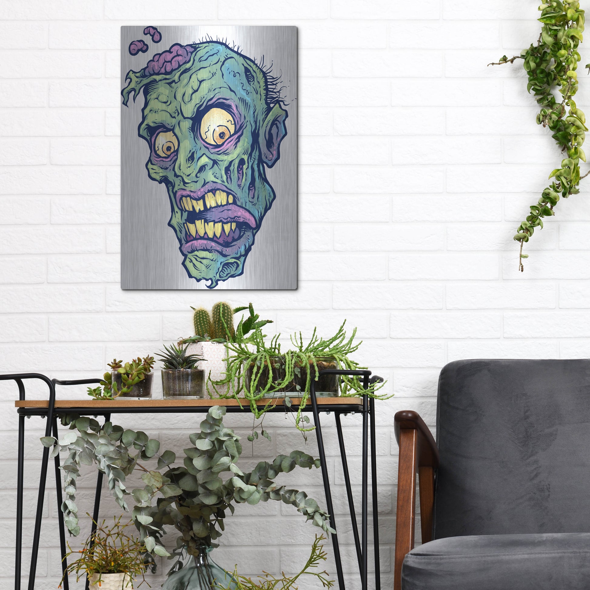 Luxe Metal Art 'Zombie Pattern Head 01' by Flyland Designs, Metal Wall Art,12x16