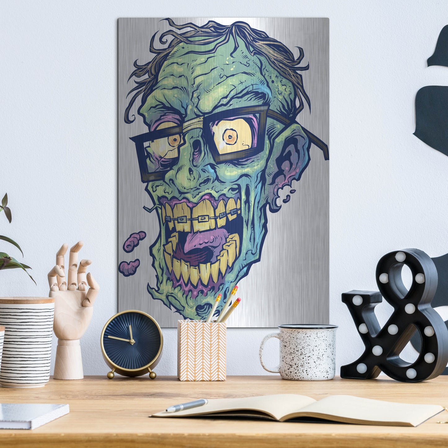 Luxe Metal Art 'Zombie Pattern Head 04' by Flyland Designs, Metal Wall Art,12x16