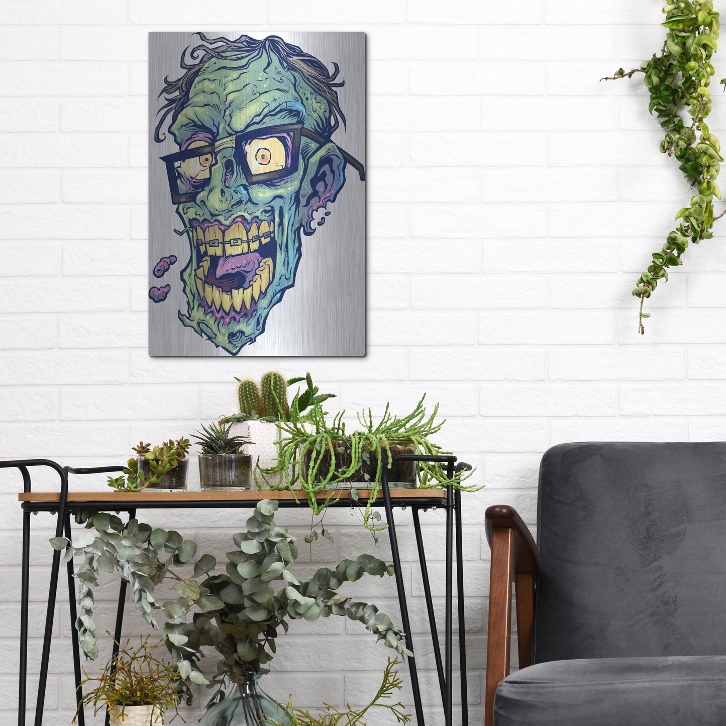 Luxe Metal Art 'Zombie Pattern Head 04' by Flyland Designs, Metal Wall Art,12x16