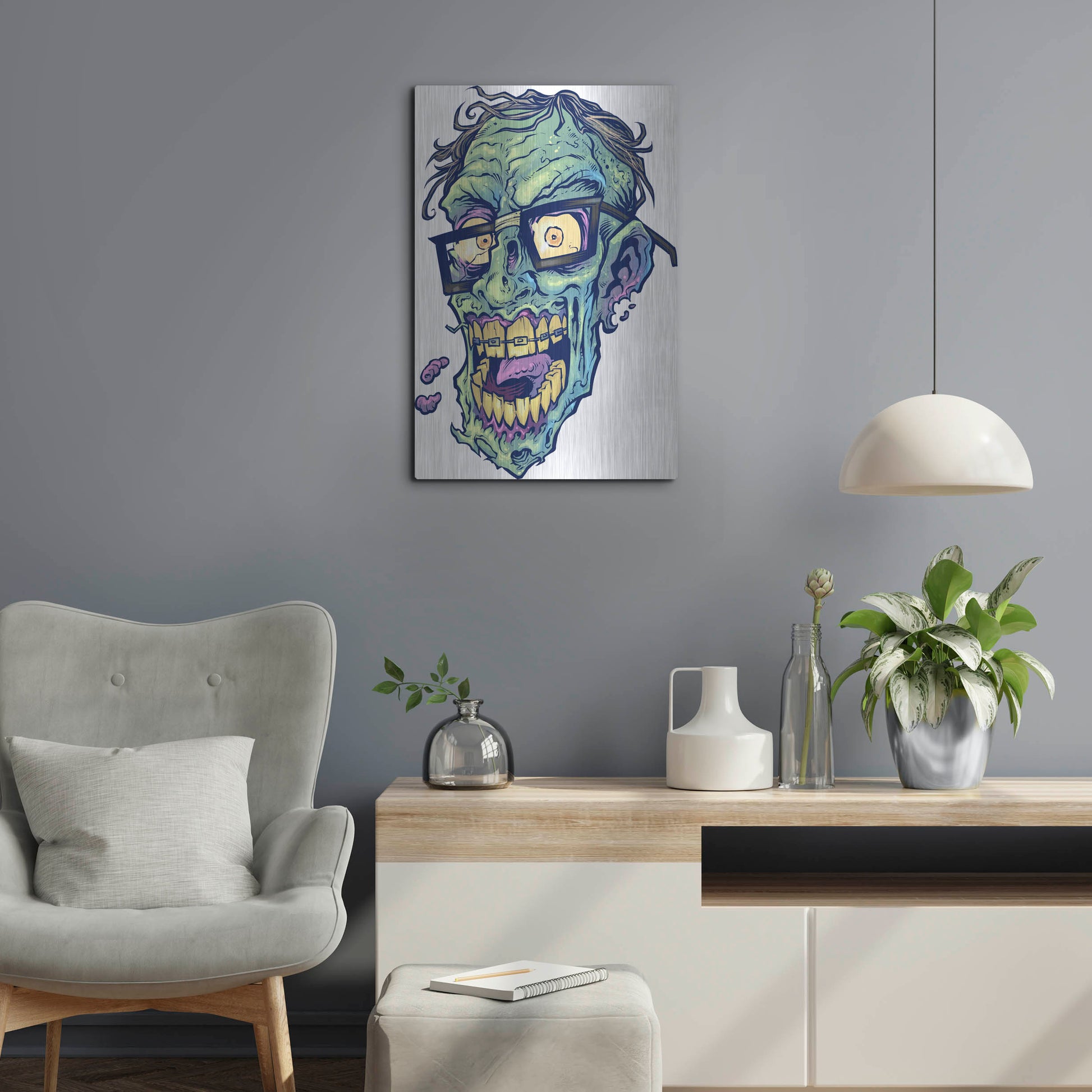Luxe Metal Art 'Zombie Pattern Head 04' by Flyland Designs, Metal Wall Art,16x24