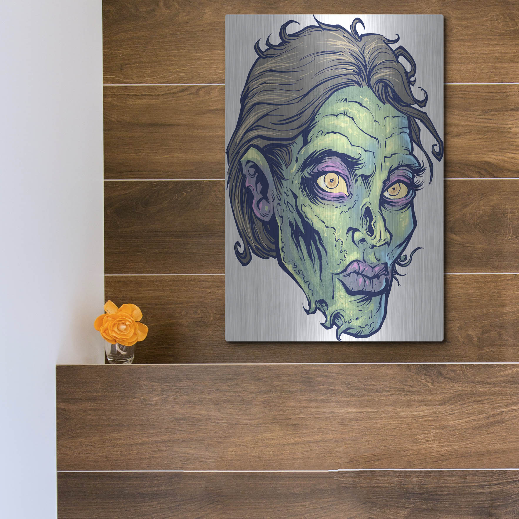 Luxe Metal Art 'Zombie Pattern Head 05' by Flyland Designs, Metal Wall Art,12x16