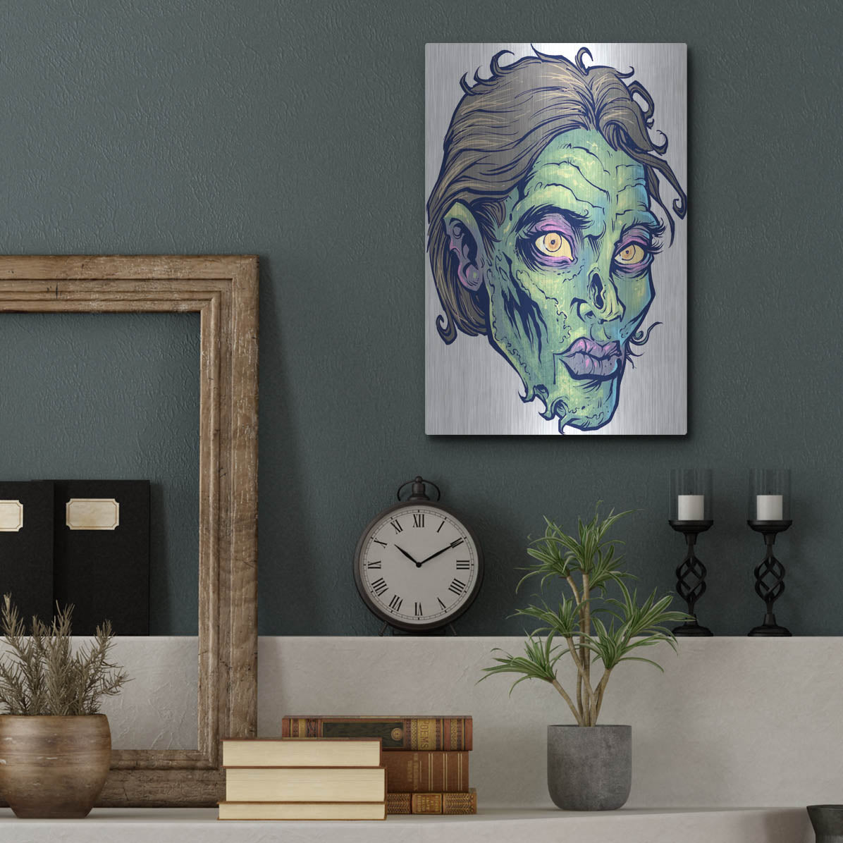 Luxe Metal Art 'Zombie Pattern Head 05' by Flyland Designs, Metal Wall Art,12x16