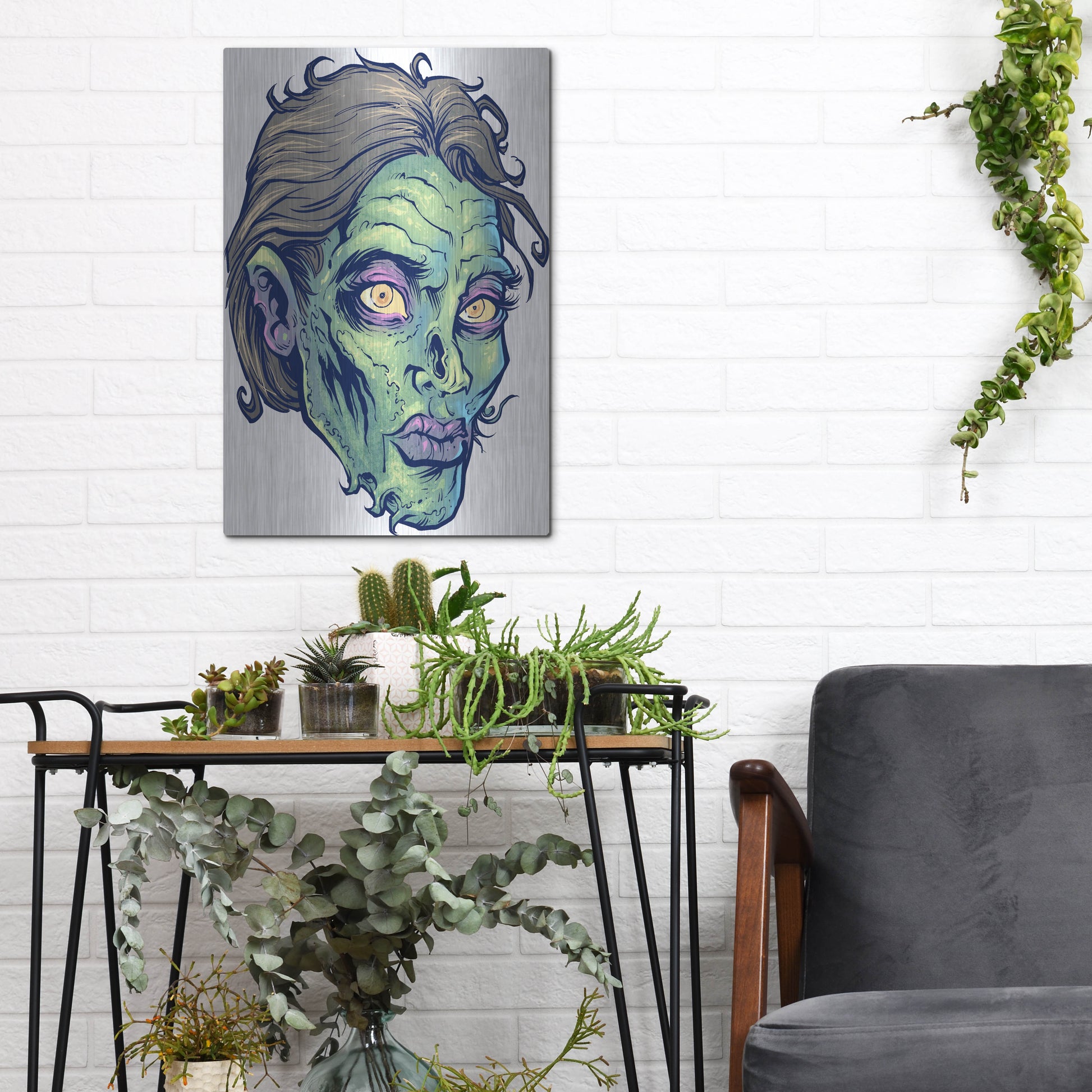 Luxe Metal Art 'Zombie Pattern Head 05' by Flyland Designs, Metal Wall Art,12x16