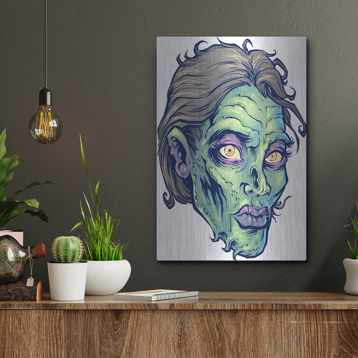 Luxe Metal Art 'Zombie Pattern Head 05' by Flyland Designs, Metal Wall Art,12x16