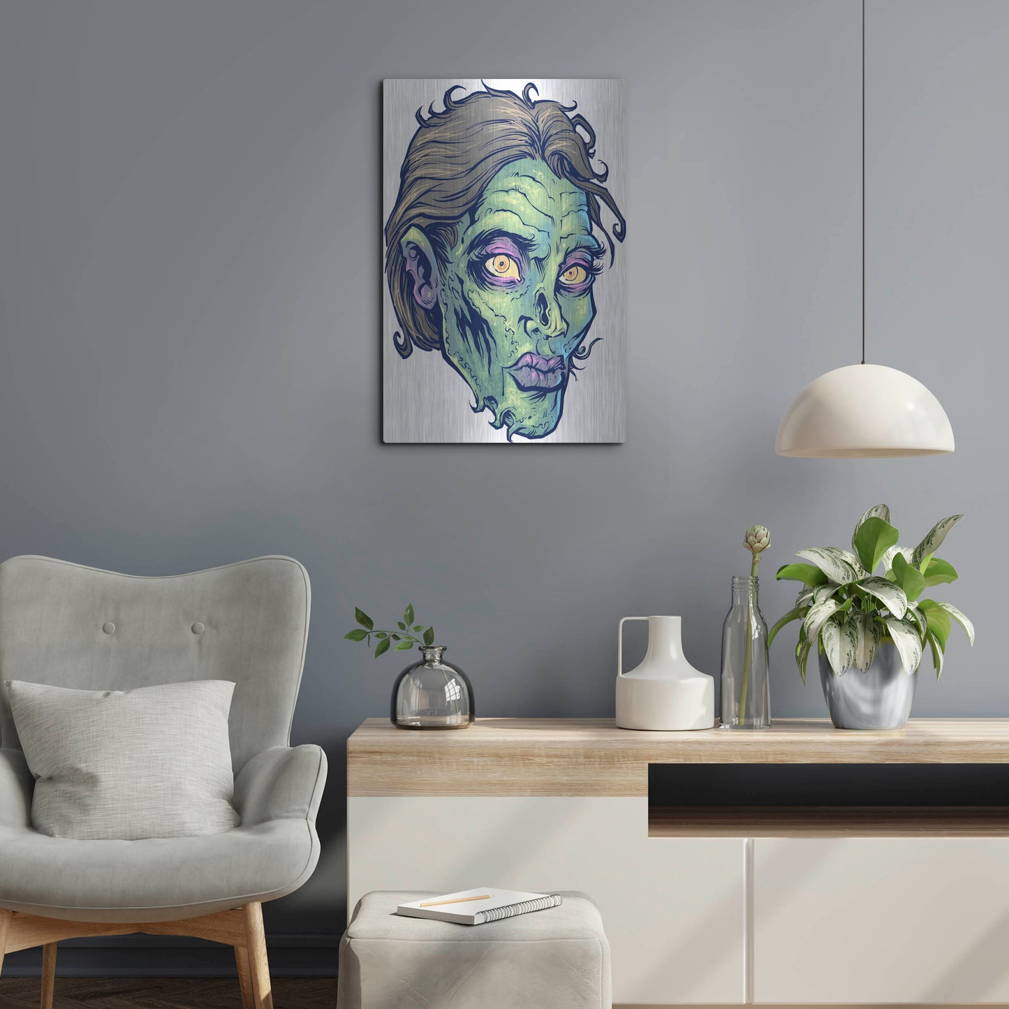Luxe Metal Art 'Zombie Pattern Head 05' by Flyland Designs, Metal Wall Art,16x24