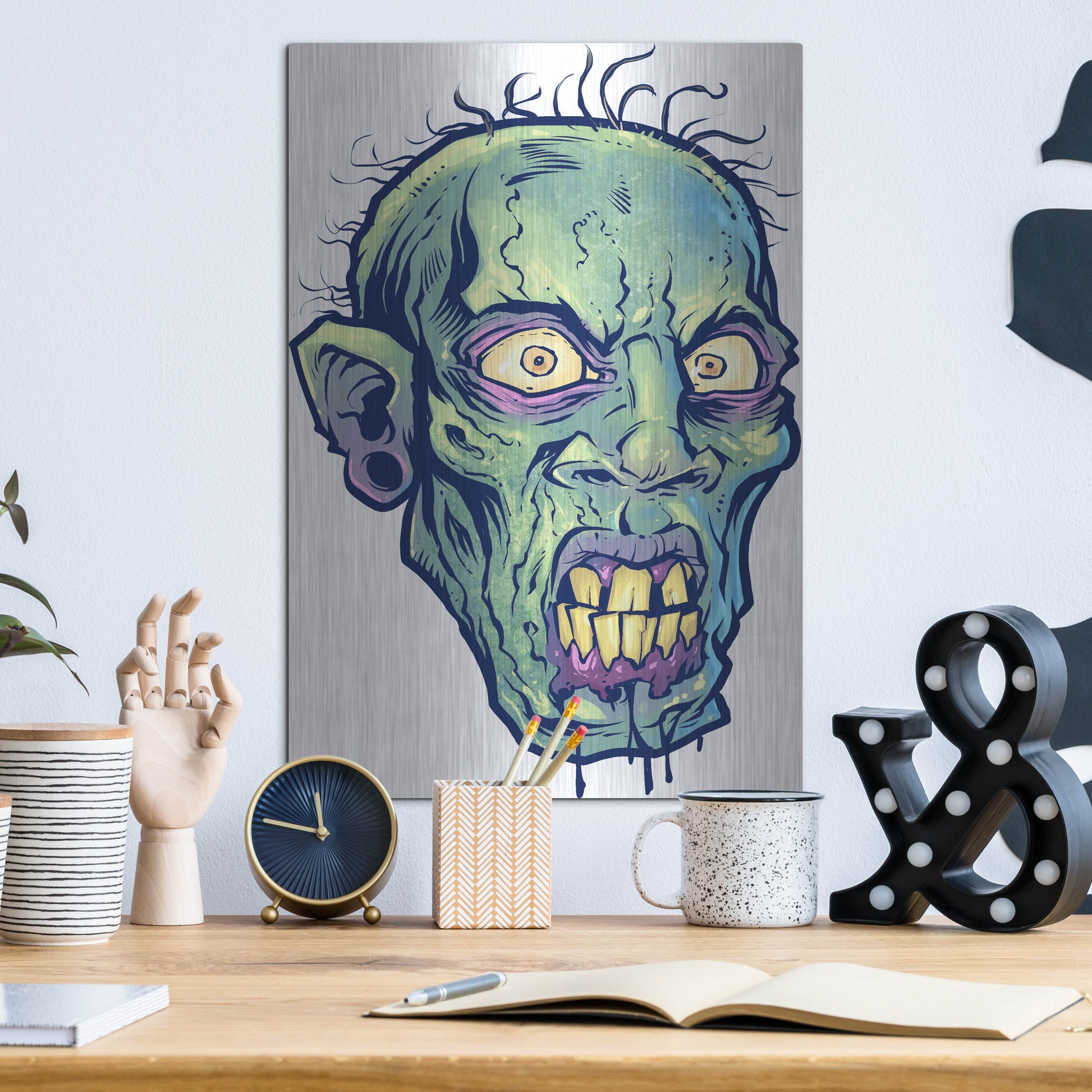 Luxe Metal Art 'Zombie Pattern Head 07' by Flyland Designs, Metal Wall Art,12x16