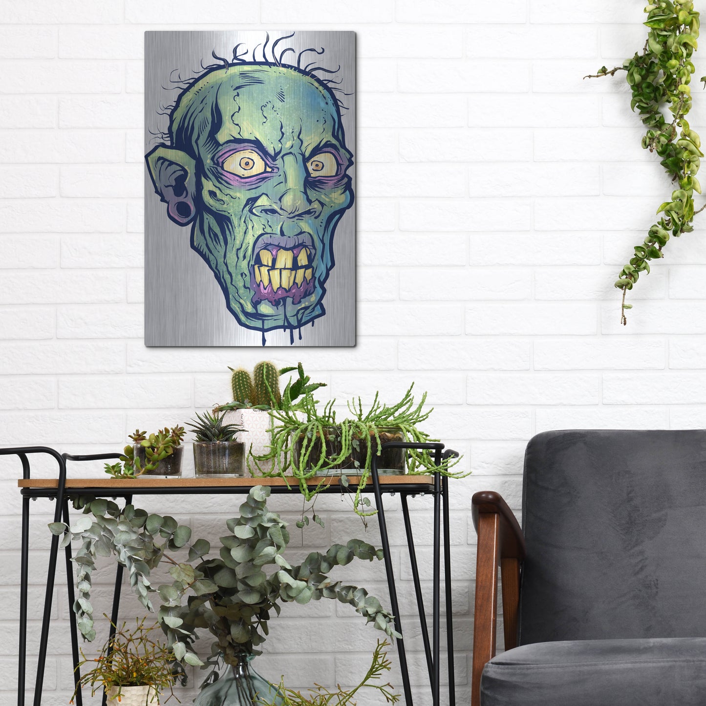 Luxe Metal Art 'Zombie Pattern Head 07' by Flyland Designs, Metal Wall Art,12x16