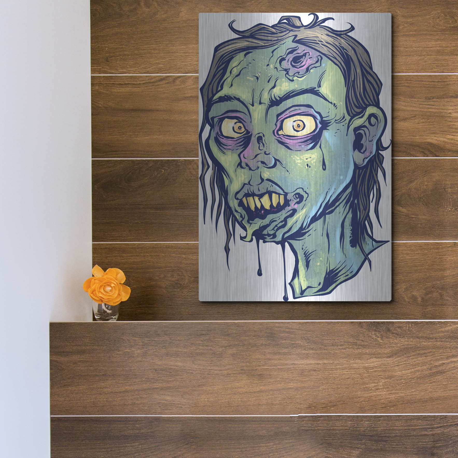 Luxe Metal Art 'Zombie Pattern Head 08' by Flyland Designs, Metal Wall Art,12x16