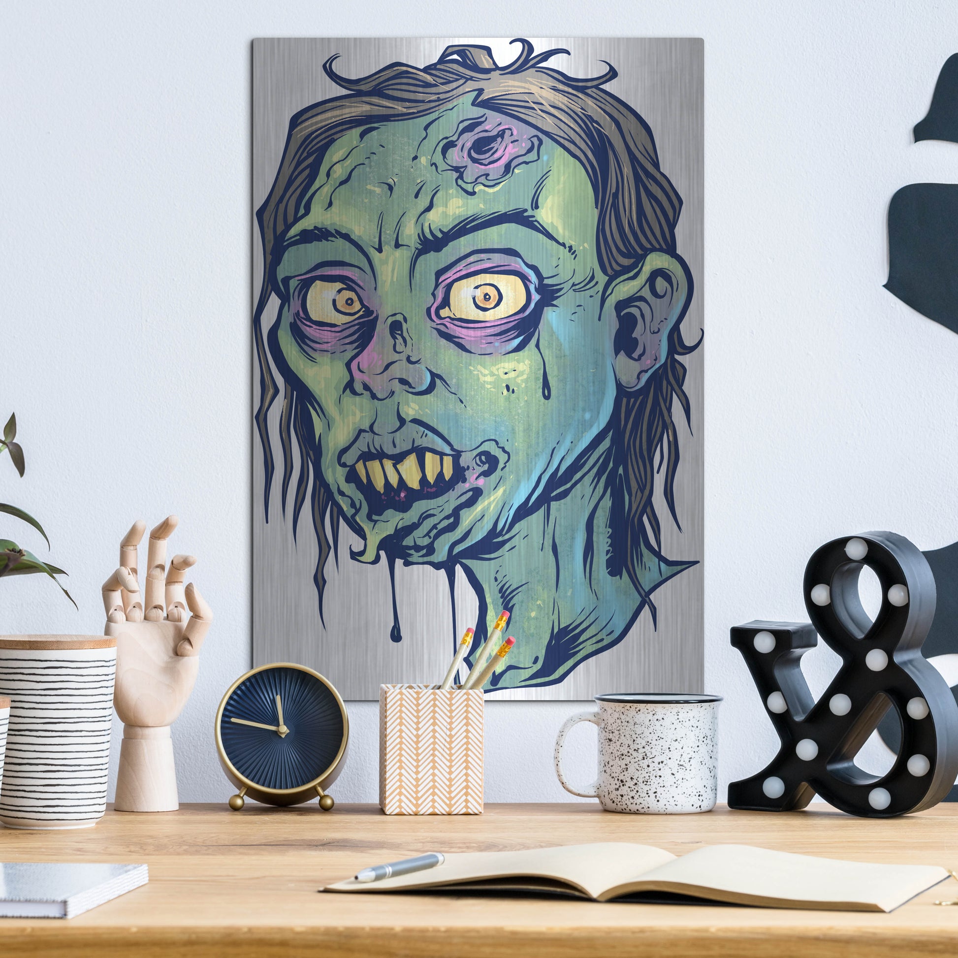 Luxe Metal Art 'Zombie Pattern Head 08' by Flyland Designs, Metal Wall Art,12x16