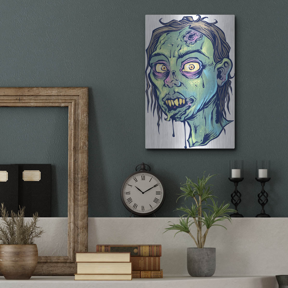 Luxe Metal Art 'Zombie Pattern Head 08' by Flyland Designs, Metal Wall Art,12x16