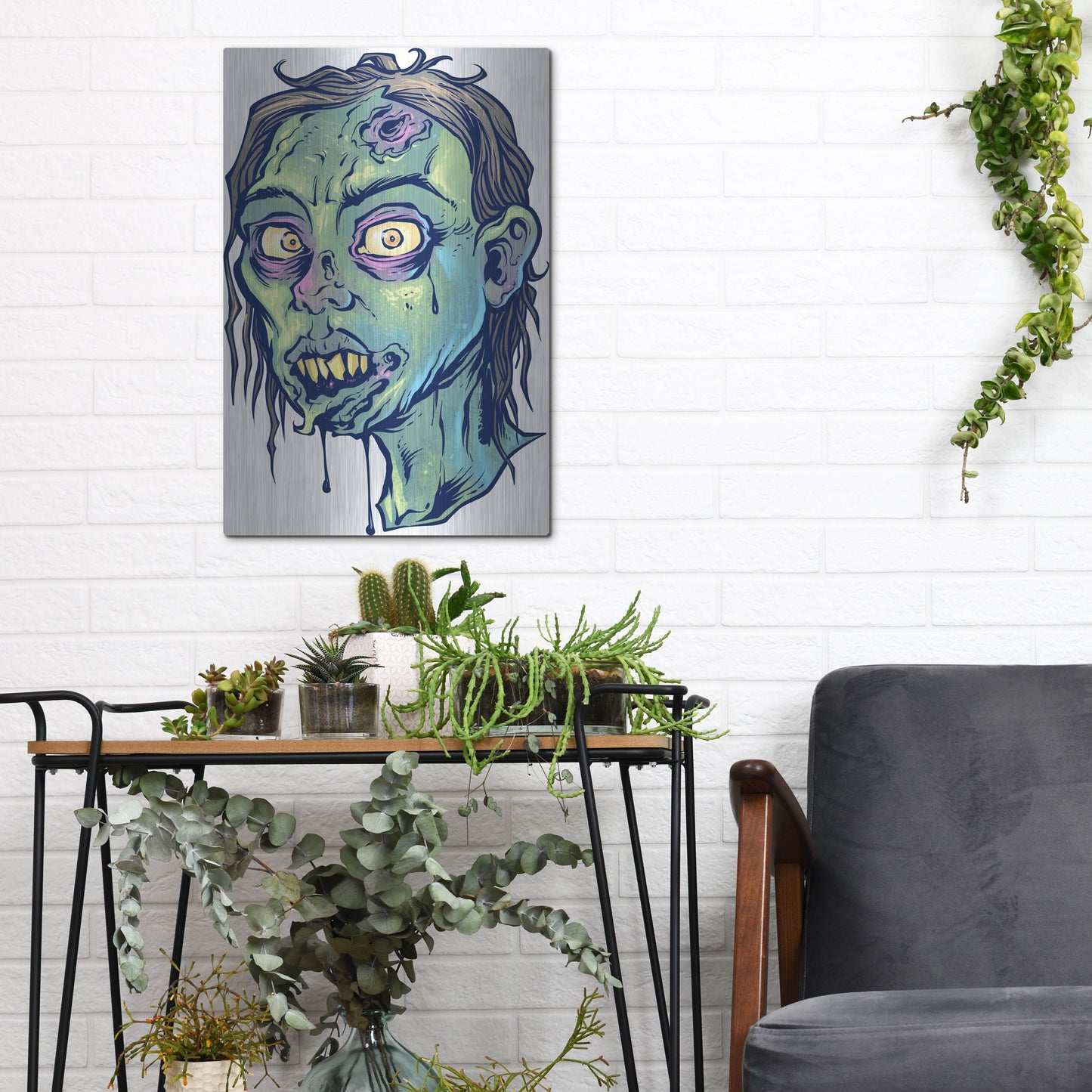 Luxe Metal Art 'Zombie Pattern Head 08' by Flyland Designs, Metal Wall Art,12x16