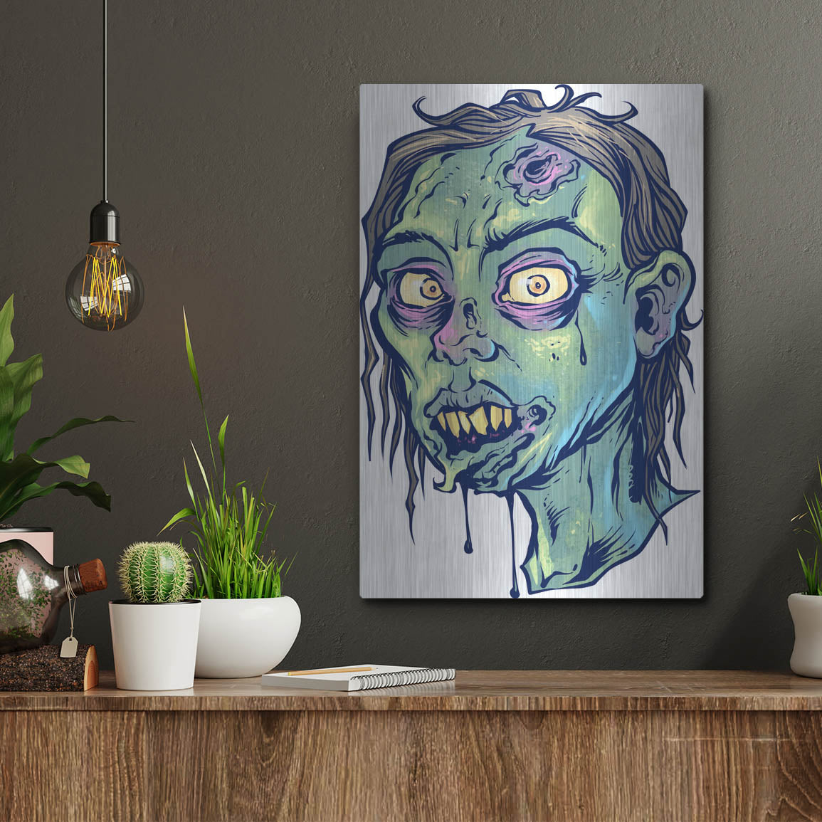 Luxe Metal Art 'Zombie Pattern Head 08' by Flyland Designs, Metal Wall Art,12x16