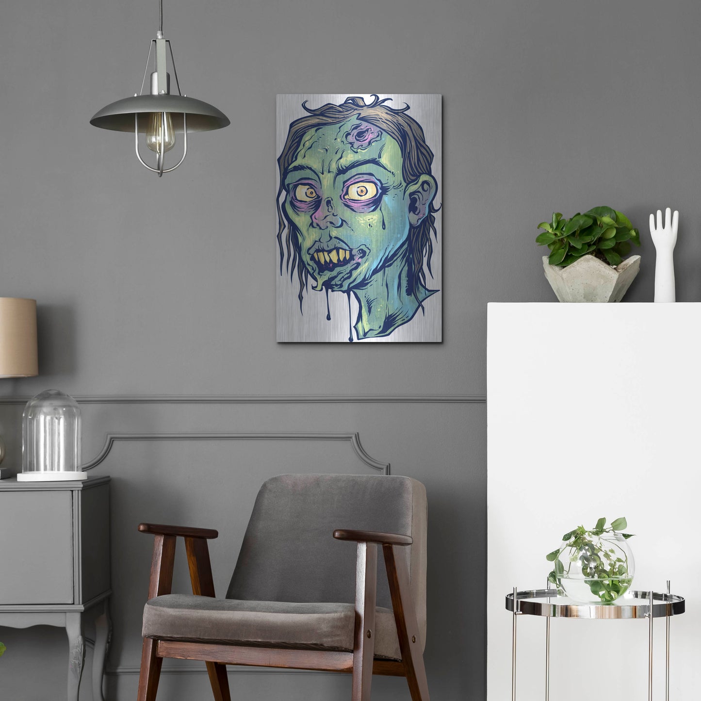 Luxe Metal Art 'Zombie Pattern Head 08' by Flyland Designs, Metal Wall Art,16x24