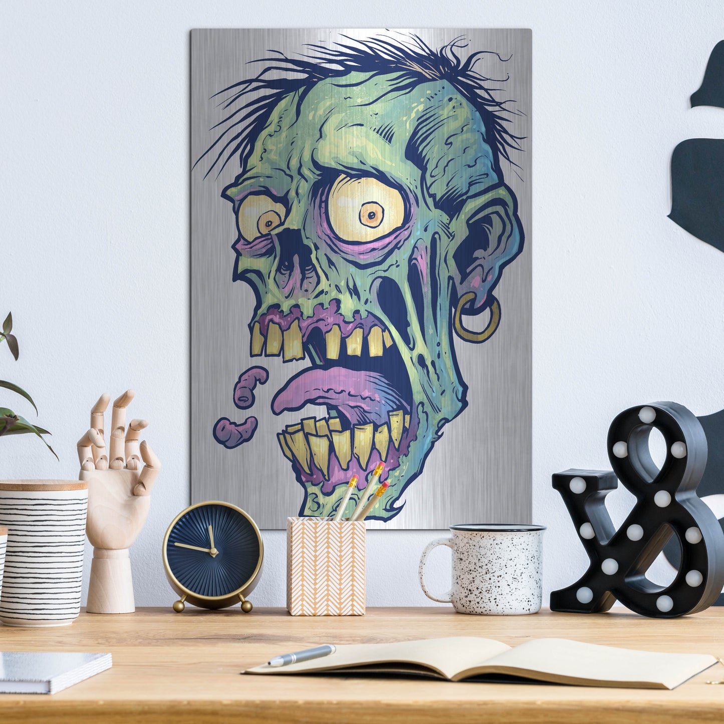 Luxe Metal Art 'Zombie Pattern Head 09' by Flyland Designs, Metal Wall Art,12x16