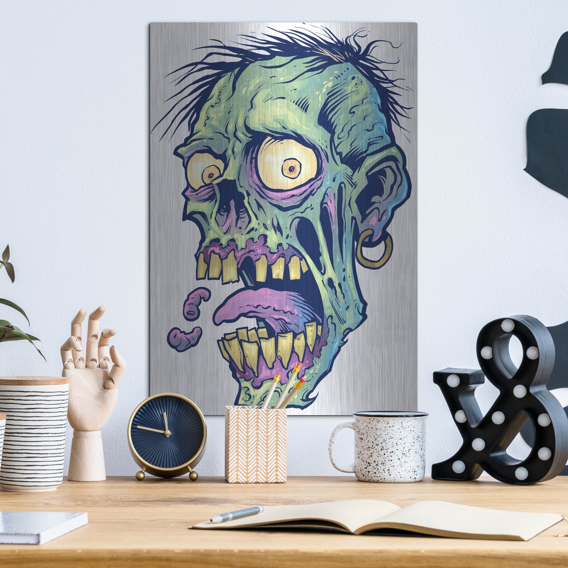 Luxe Metal Art 'Zombie Pattern Head 09' by Flyland Designs, Metal Wall Art,12x16