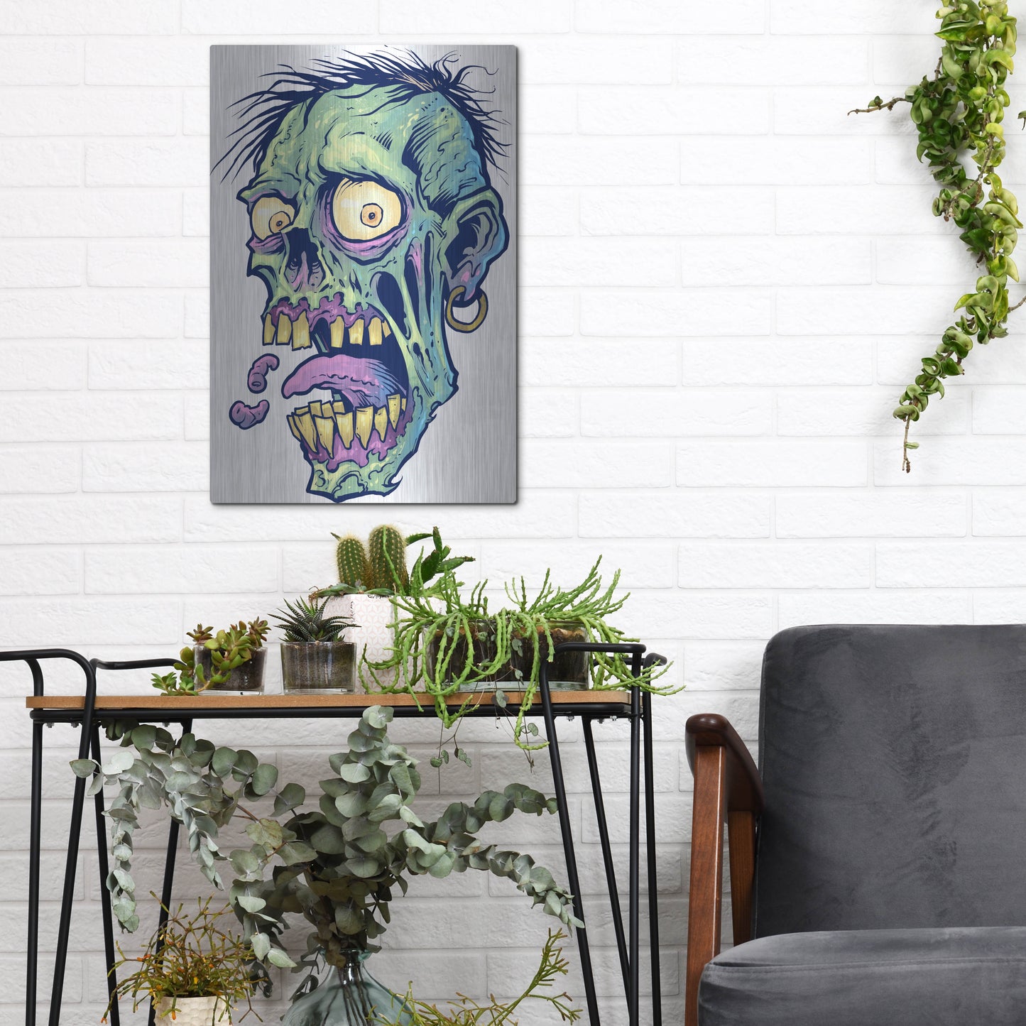 Luxe Metal Art 'Zombie Pattern Head 09' by Flyland Designs, Metal Wall Art,12x16