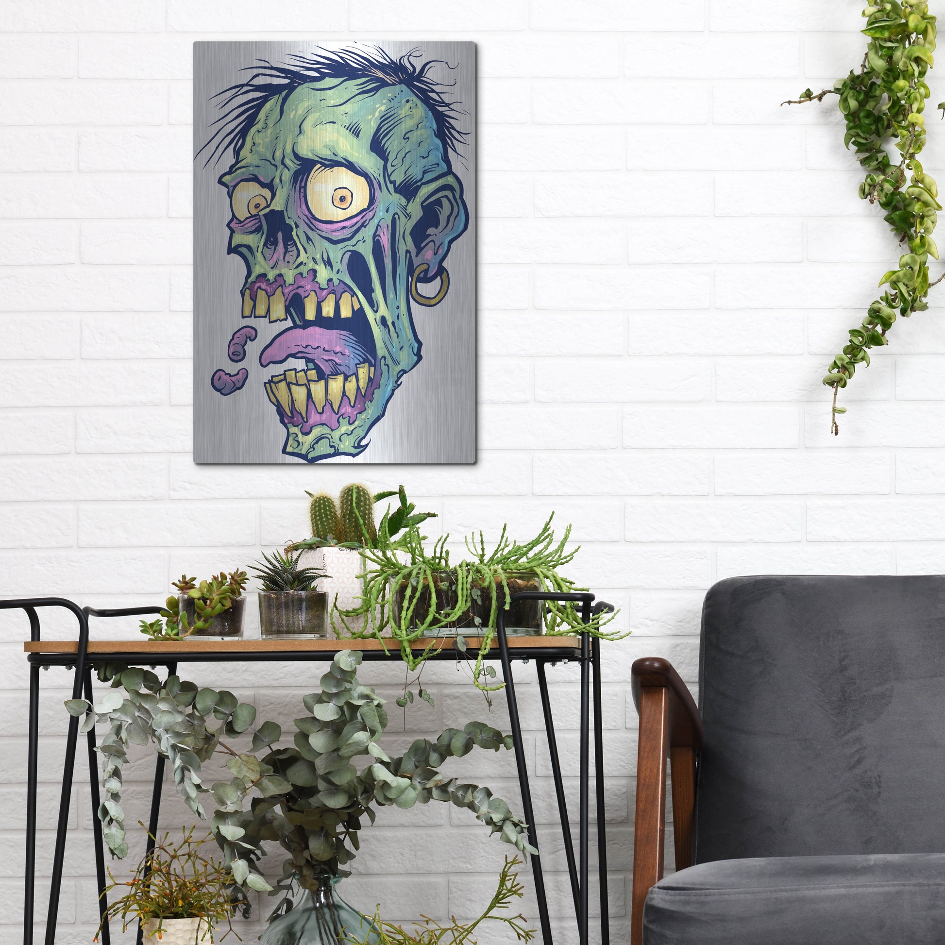 Luxe Metal Art 'Zombie Pattern Head 09' by Flyland Designs, Metal Wall Art,12x16