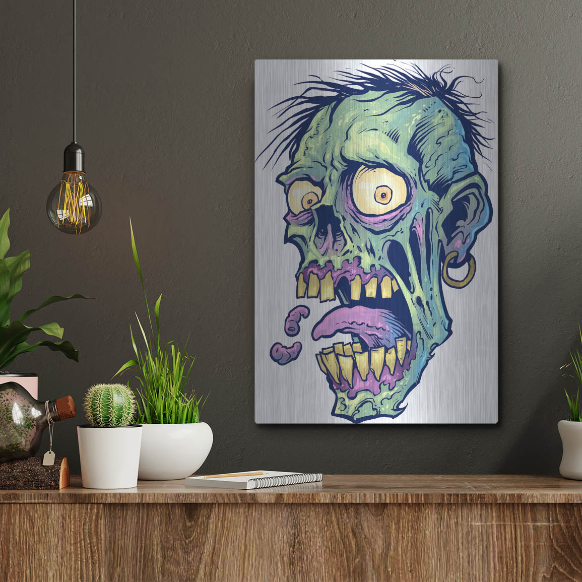 Luxe Metal Art 'Zombie Pattern Head 09' by Flyland Designs, Metal Wall Art,12x16