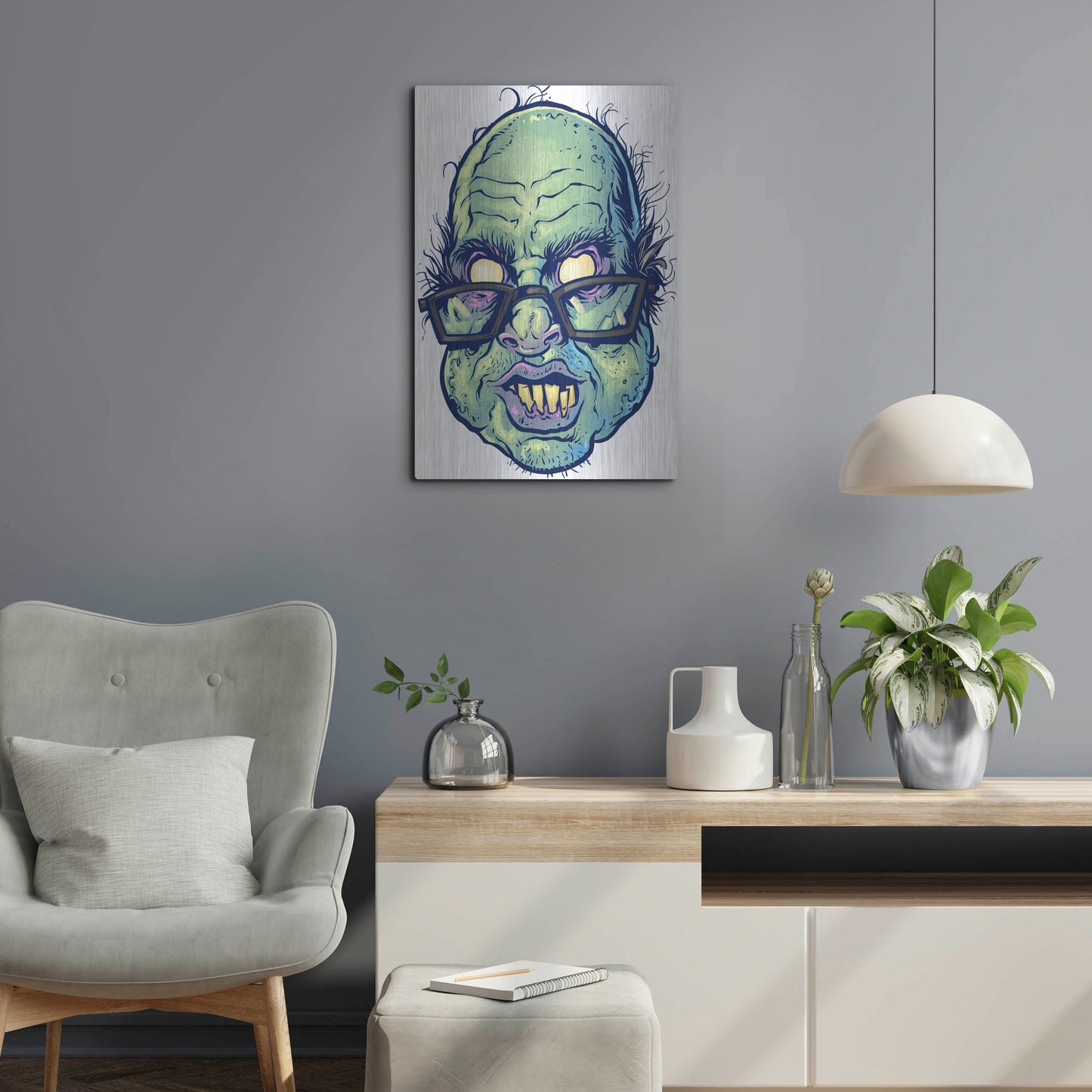 Luxe Metal Art 'Zombie Pattern Head 10' by Flyland Designs, Metal Wall Art,16x24