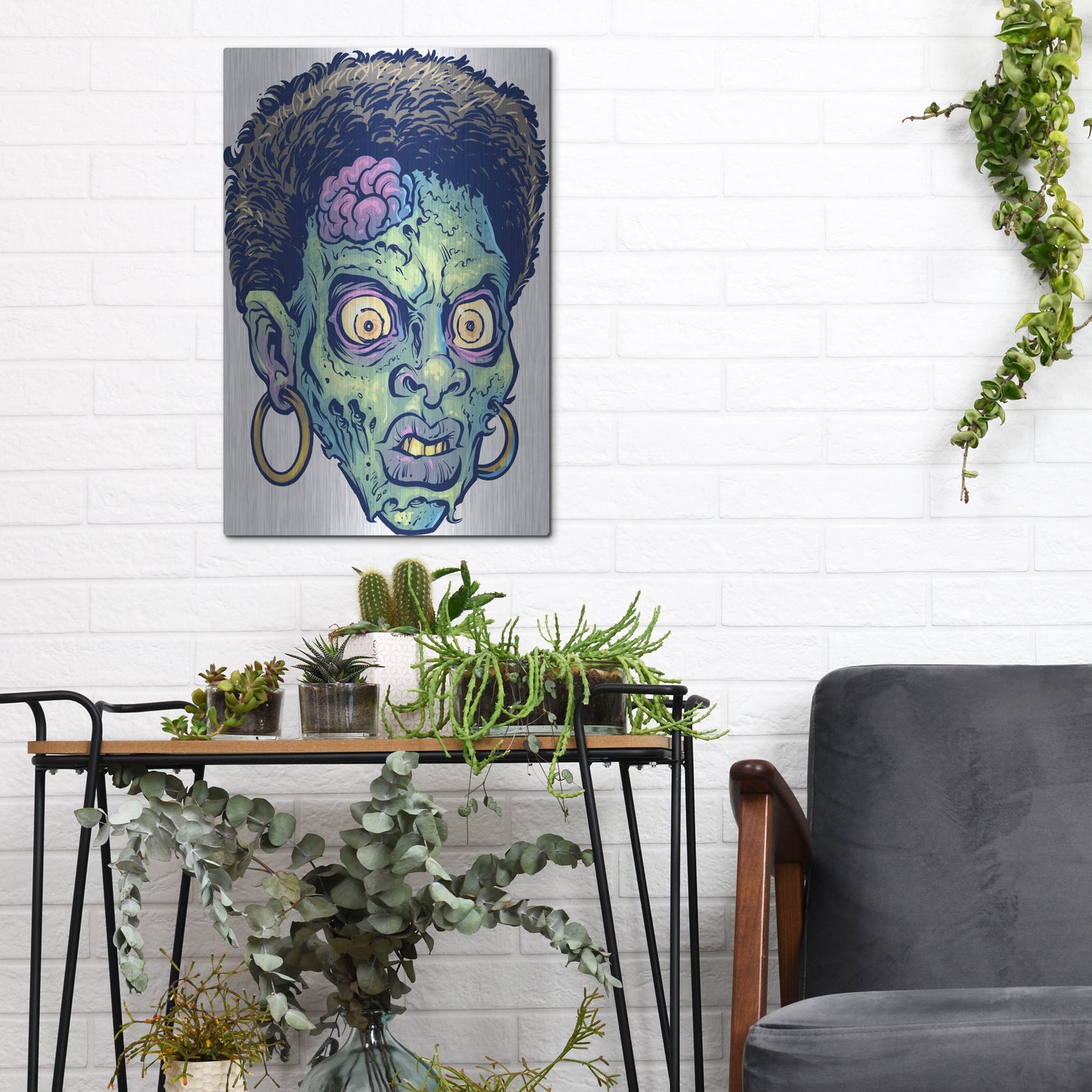 Luxe Metal Art 'Zombie Pattern Head 11' by Flyland Designs, Metal Wall Art,12x16