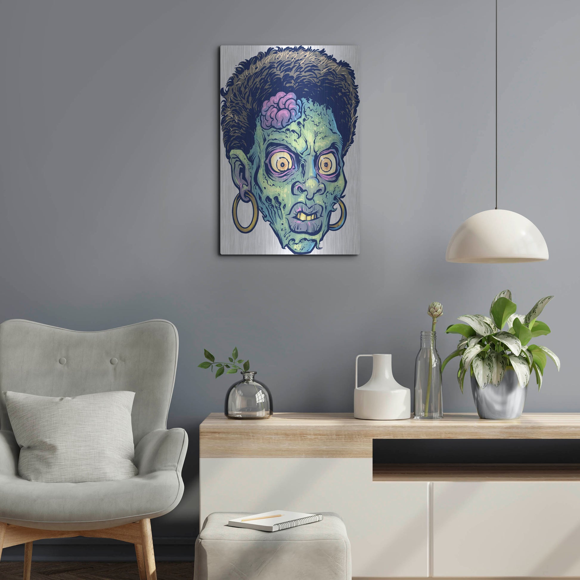 Luxe Metal Art 'Zombie Pattern Head 11' by Flyland Designs, Metal Wall Art,16x24