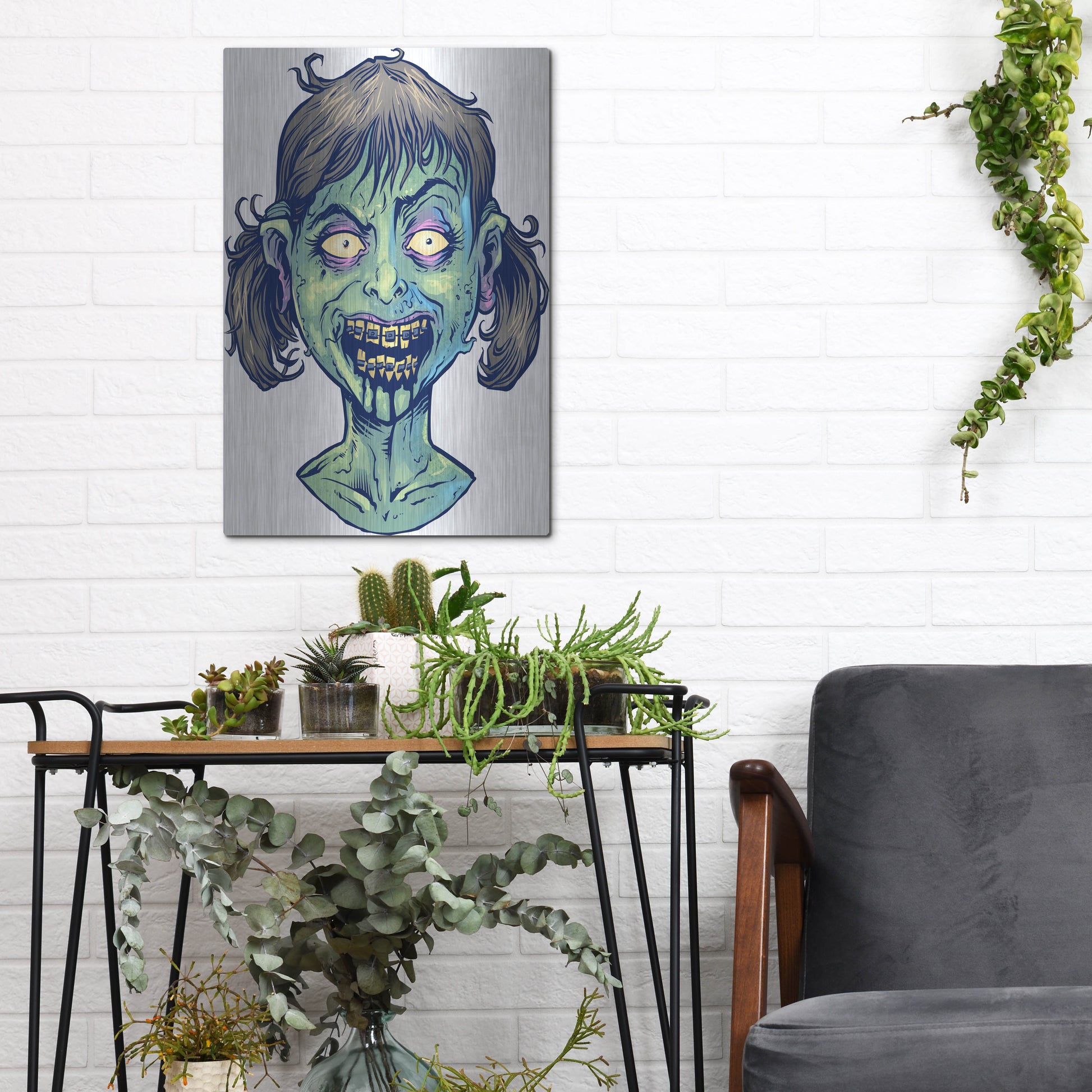 Luxe Metal Art 'Zombie Pattern Head 13' by Flyland Designs, Metal Wall Art,12x16
