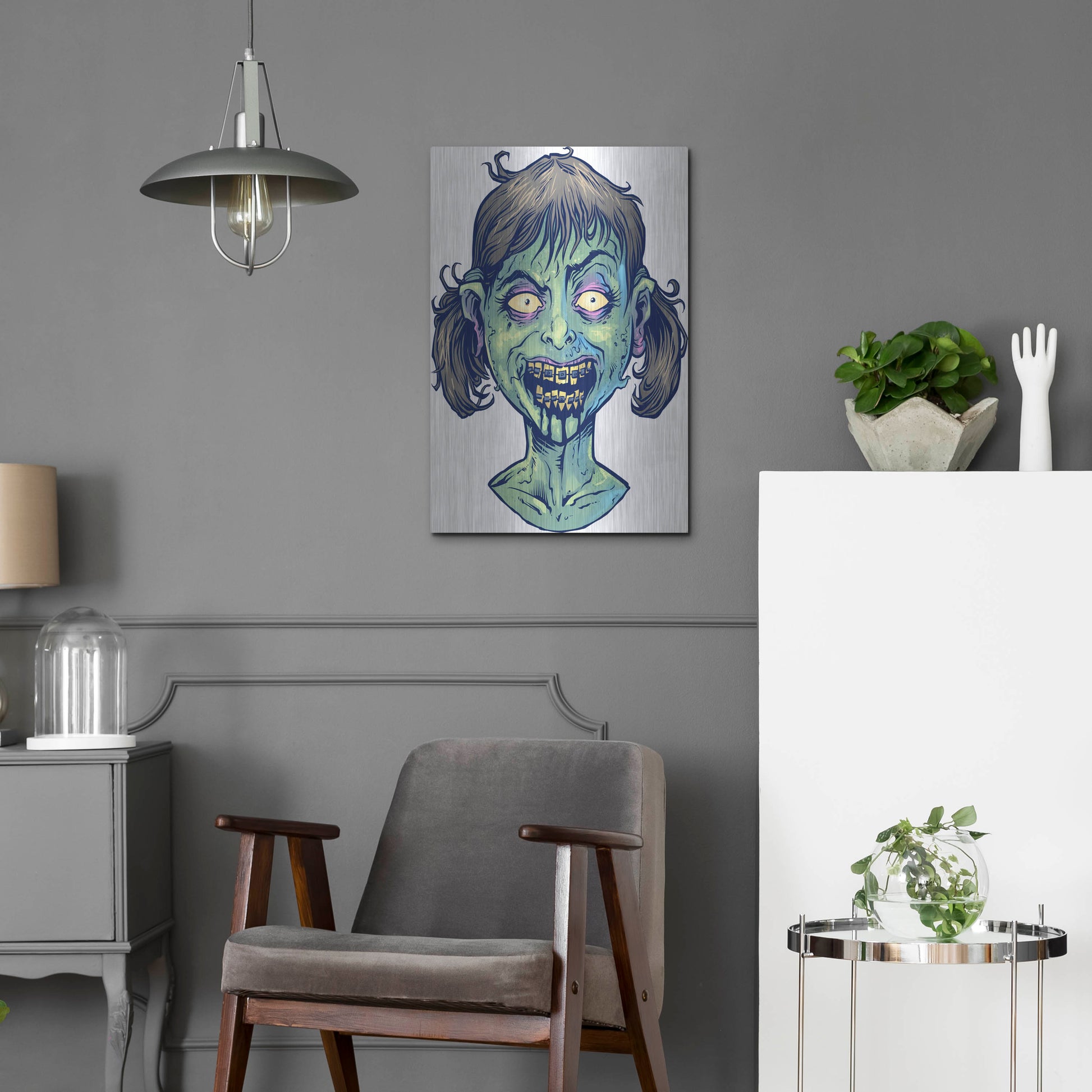 Luxe Metal Art 'Zombie Pattern Head 13' by Flyland Designs, Metal Wall Art,16x24