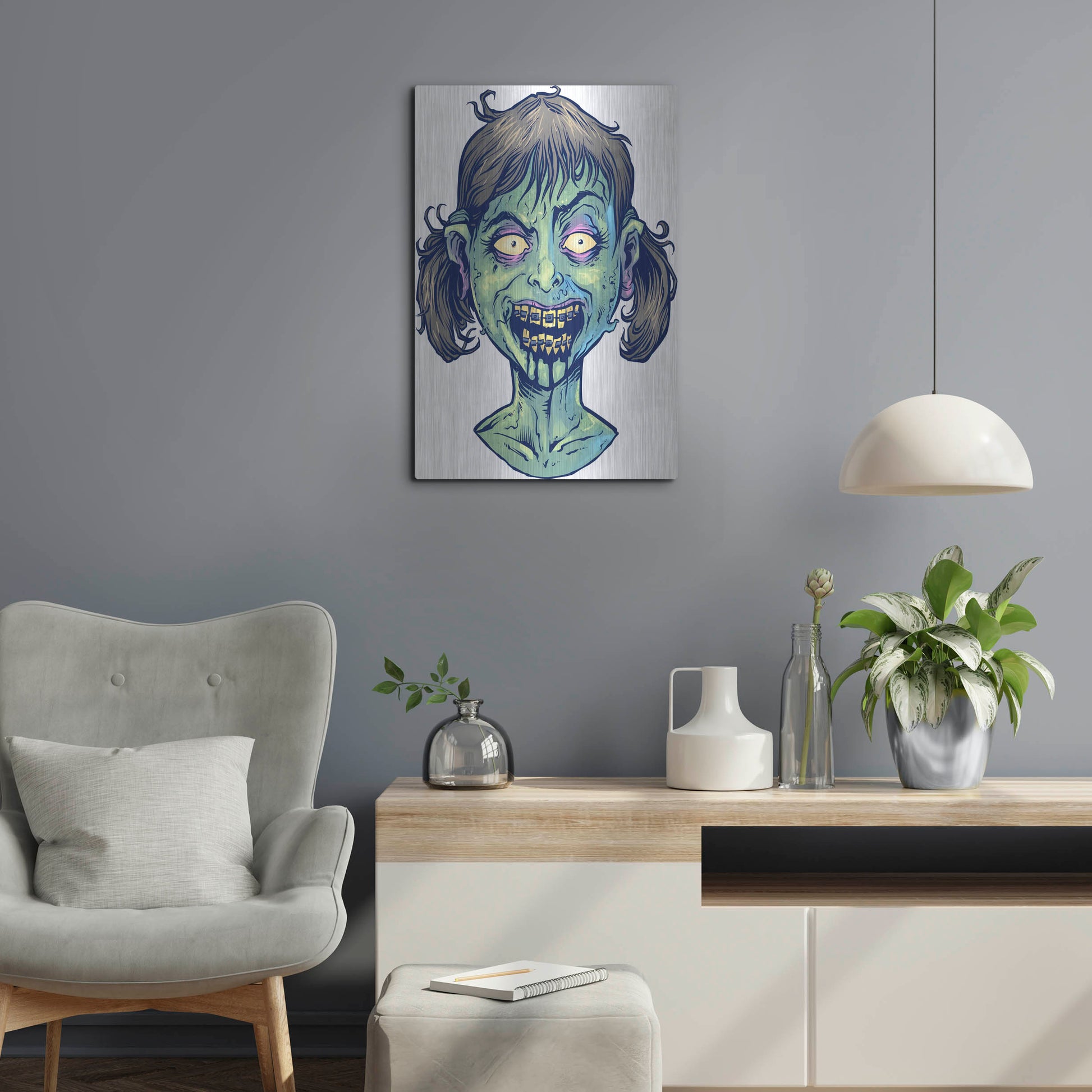 Luxe Metal Art 'Zombie Pattern Head 13' by Flyland Designs, Metal Wall Art,16x24