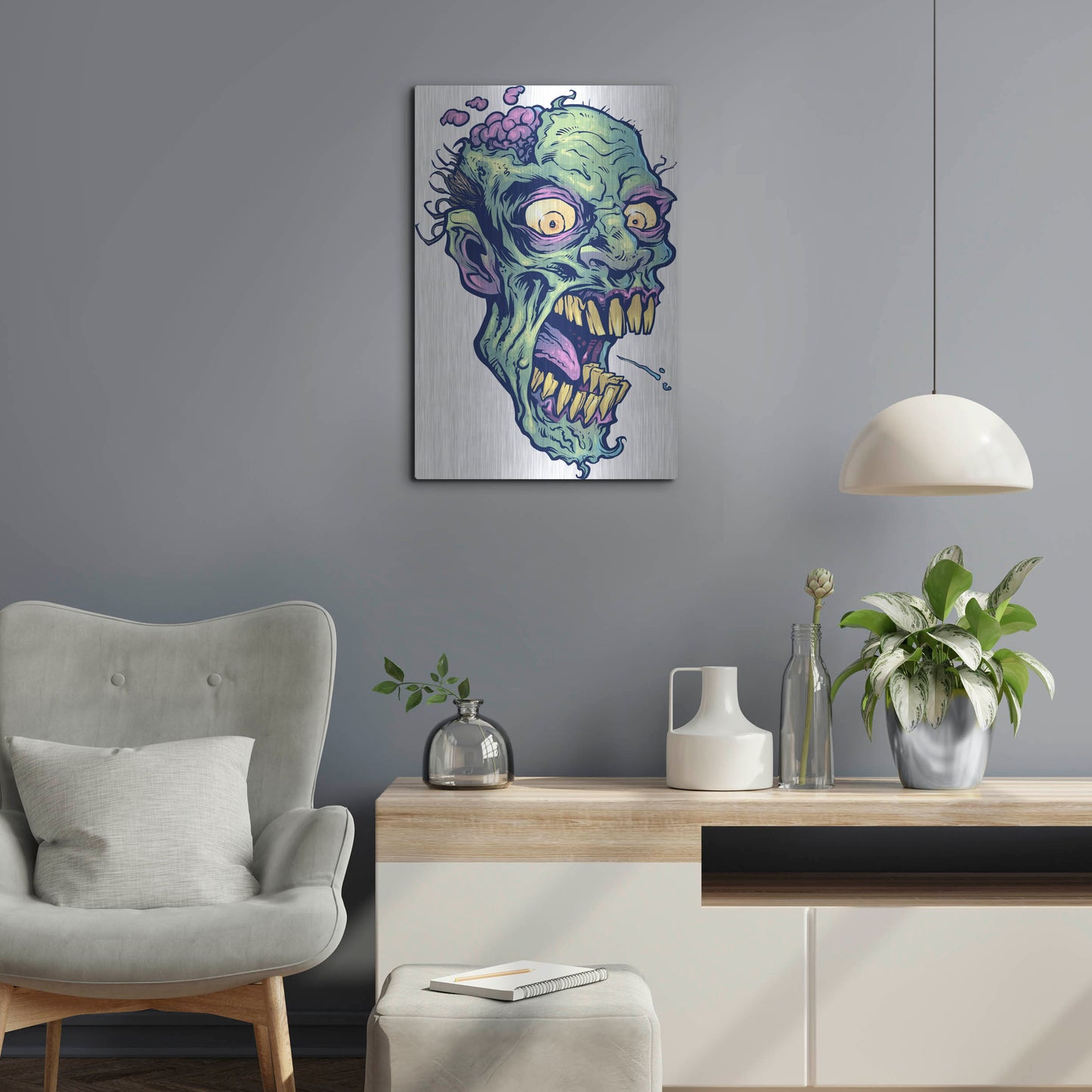 Luxe Metal Art 'Zombie Pattern Head 14' by Flyland Designs, Metal Wall Art,16x24