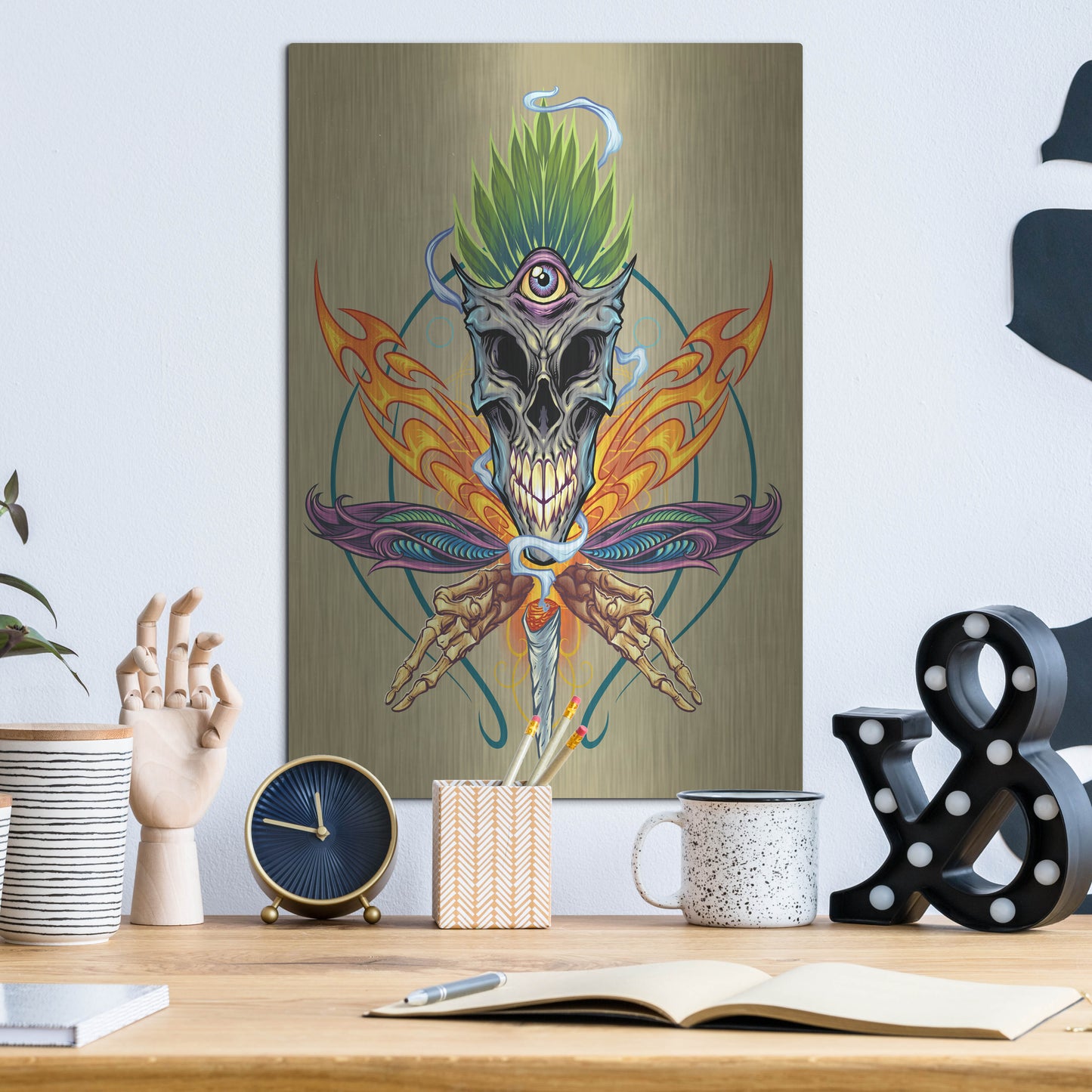 Luxe Metal Art 'Cannabis Skull Illustration' by Flyland Designs, Metal Wall Art,12x16