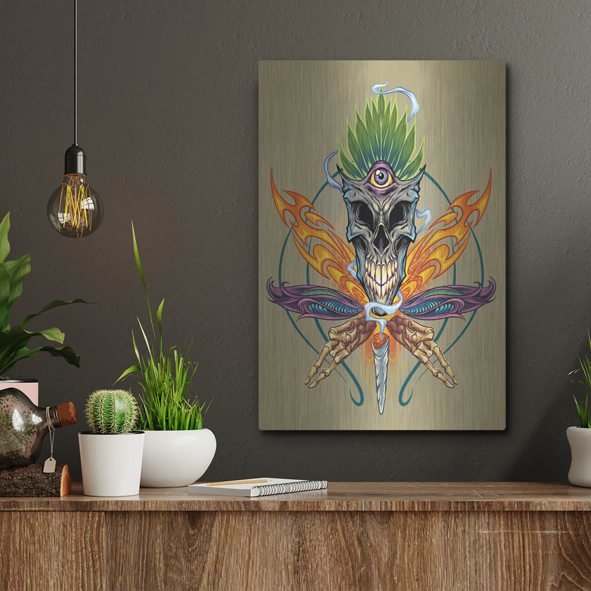 Luxe Metal Art 'Cannabis Skull Illustration' by Flyland Designs, Metal Wall Art,12x16