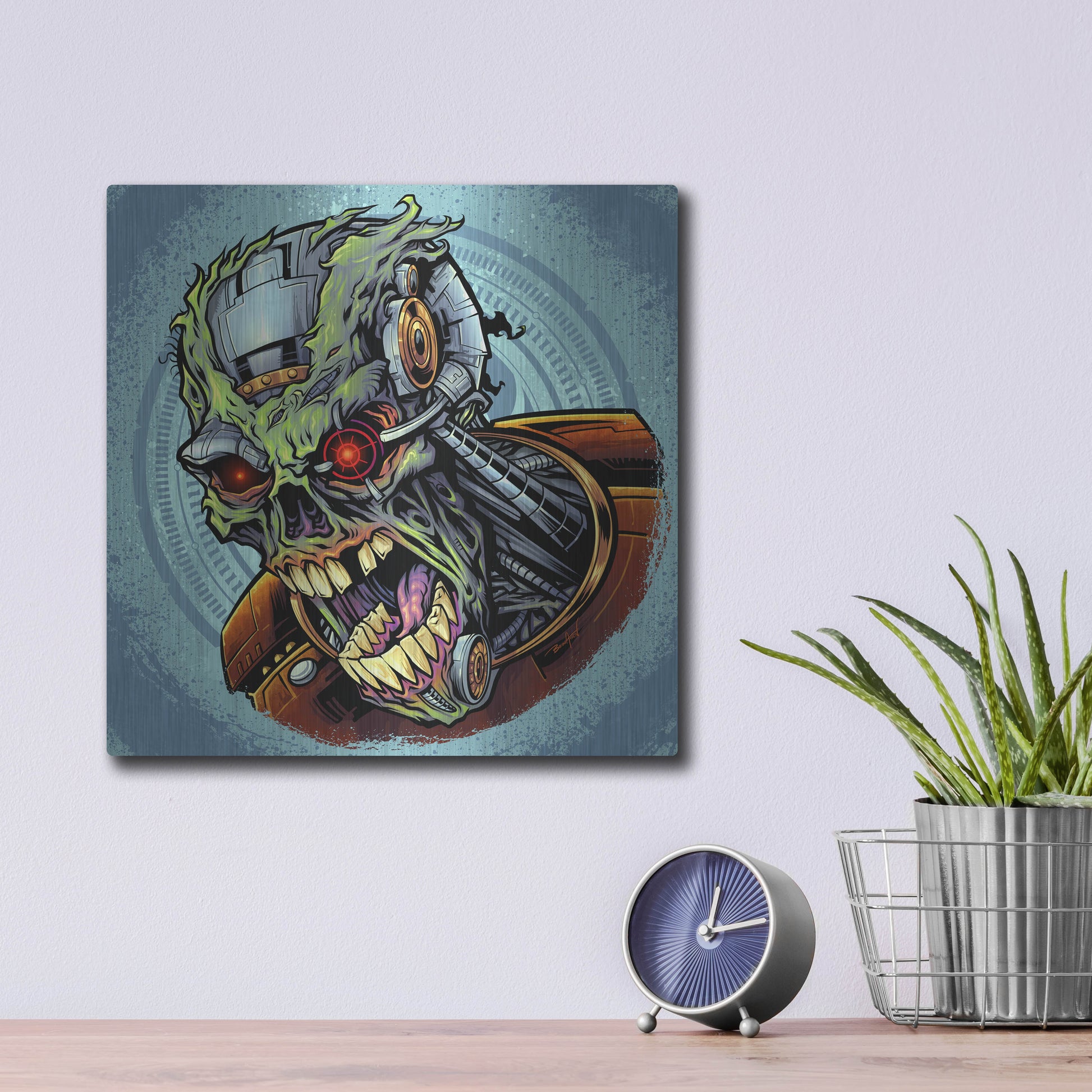 Luxe Metal Art 'Cyborg Zombie' by Flyland Designs, Metal Wall Art,12x12