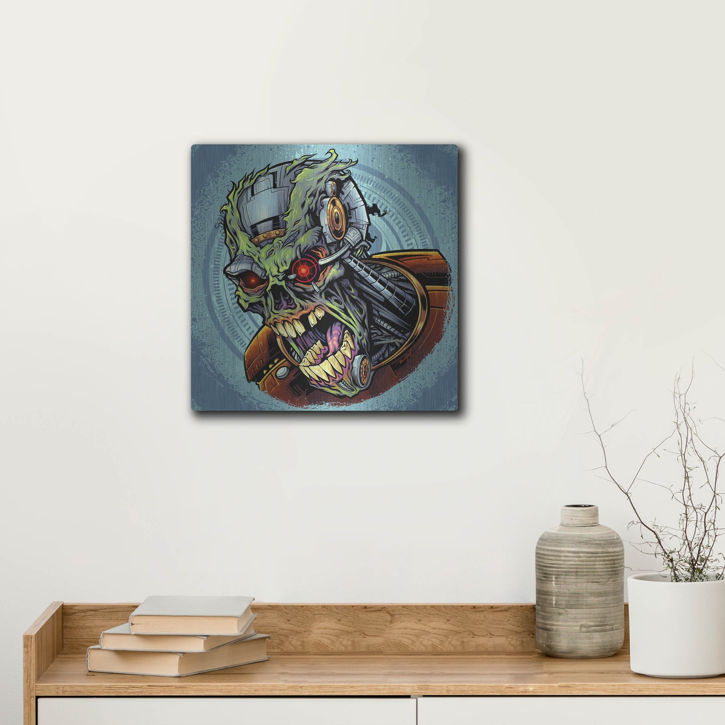 Luxe Metal Art 'Cyborg Zombie' by Flyland Designs, Metal Wall Art,12x12