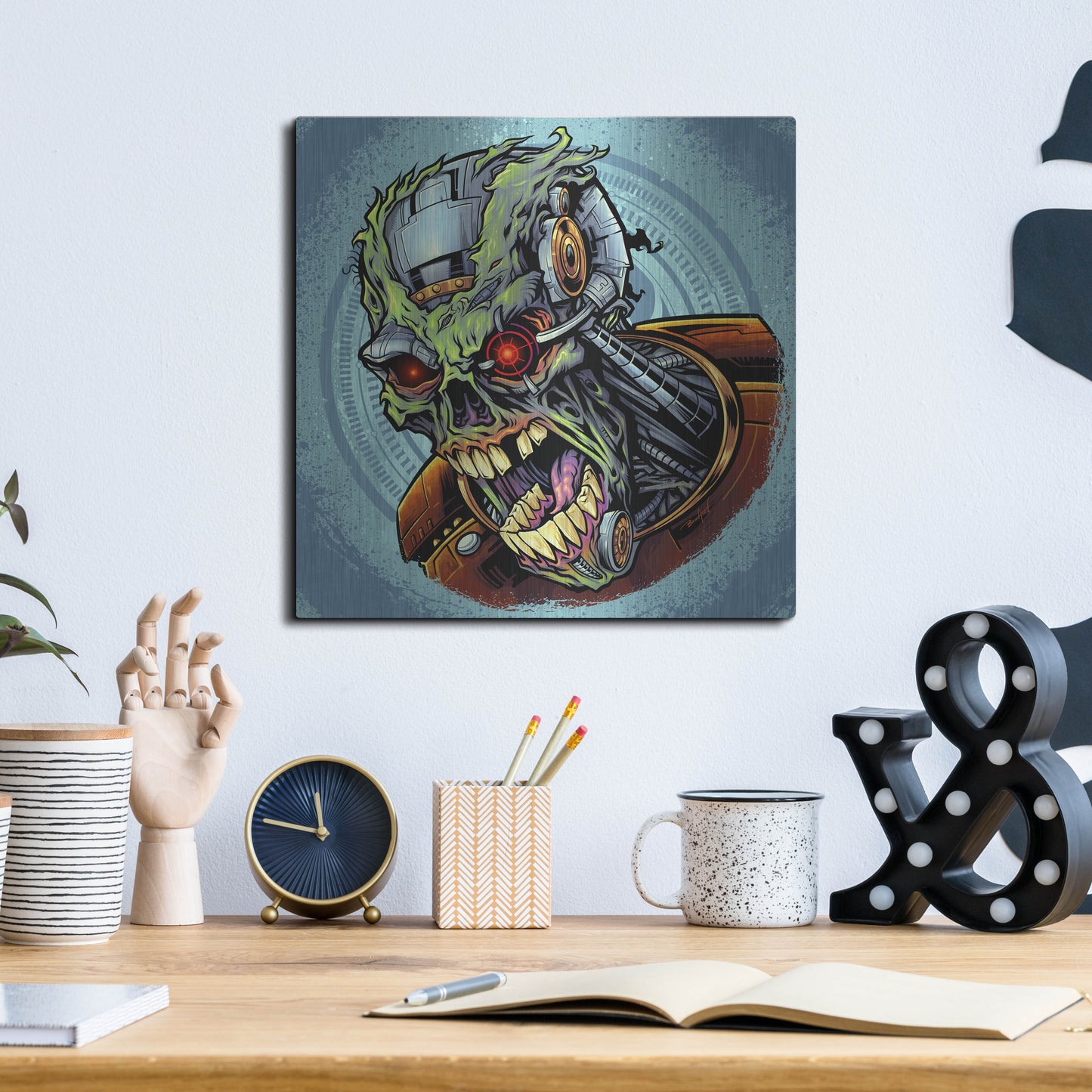 Luxe Metal Art 'Cyborg Zombie' by Flyland Designs, Metal Wall Art,12x12