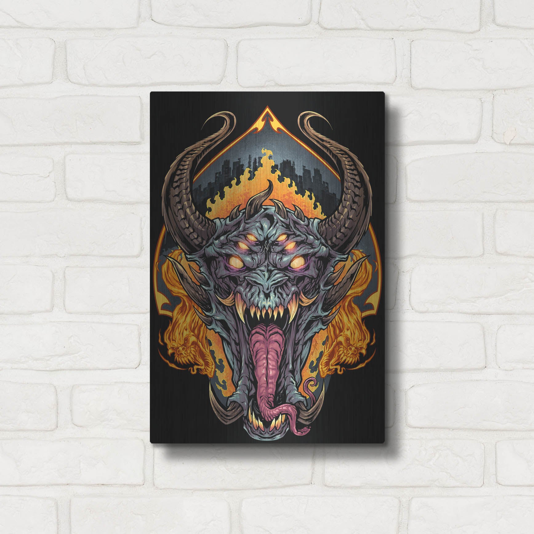 Luxe Metal Art 'Demon Face and Fire Skulls' by Flyland Designs, Metal Wall Art,12x16