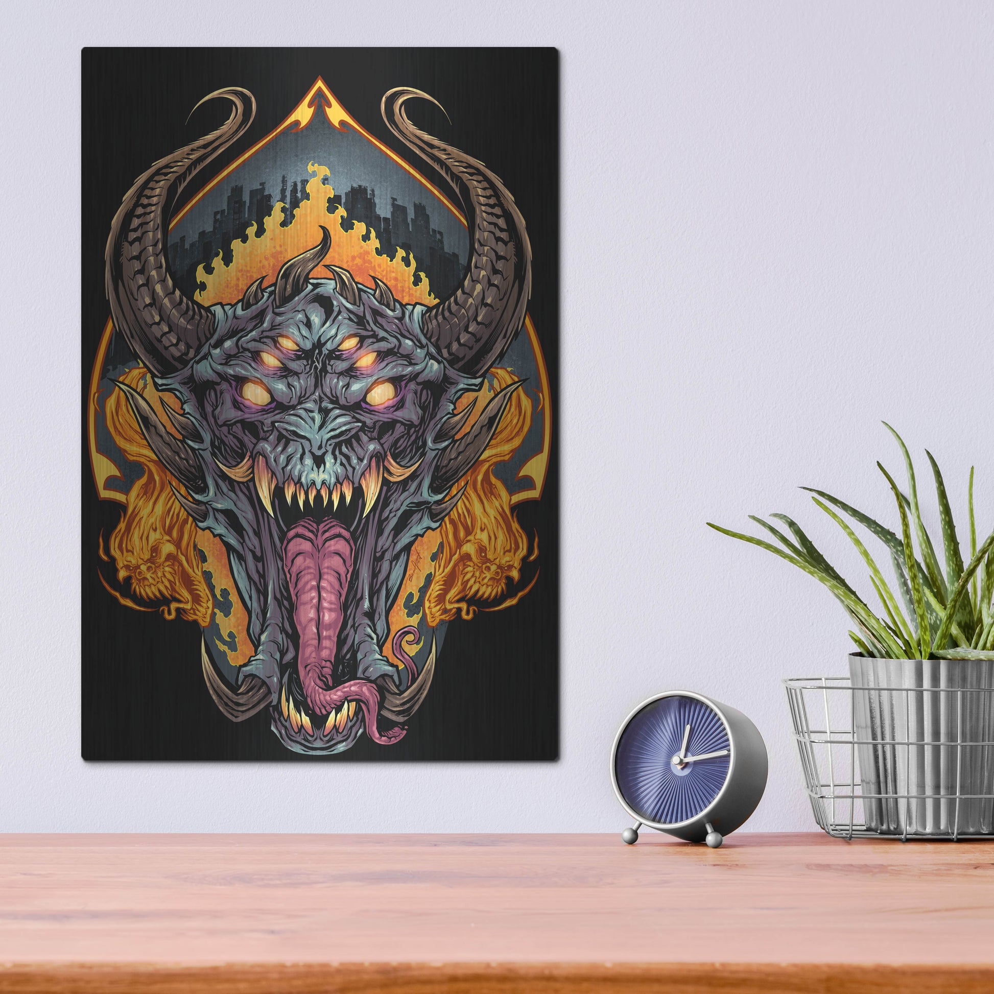 Luxe Metal Art 'Demon Face and Fire Skulls' by Flyland Designs, Metal Wall Art,12x16
