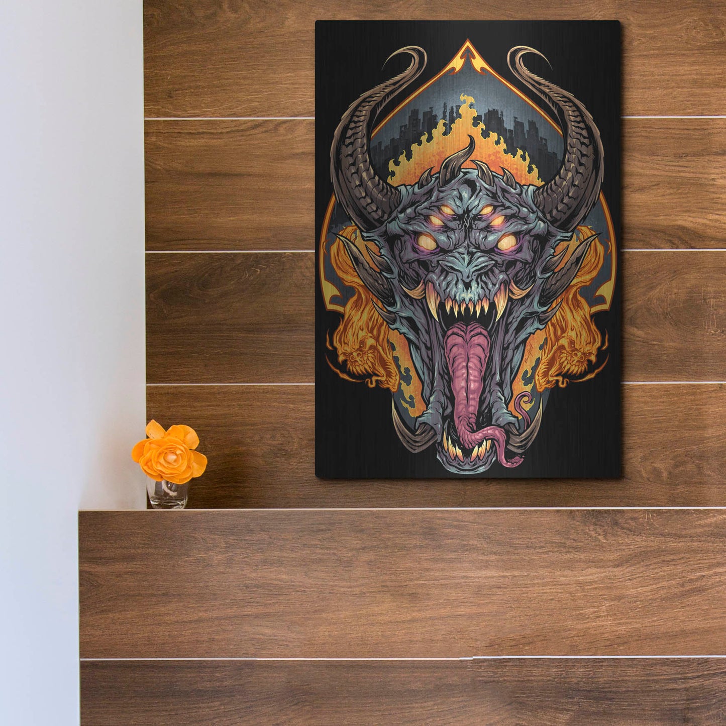 Luxe Metal Art 'Demon Face and Fire Skulls' by Flyland Designs, Metal Wall Art,12x16