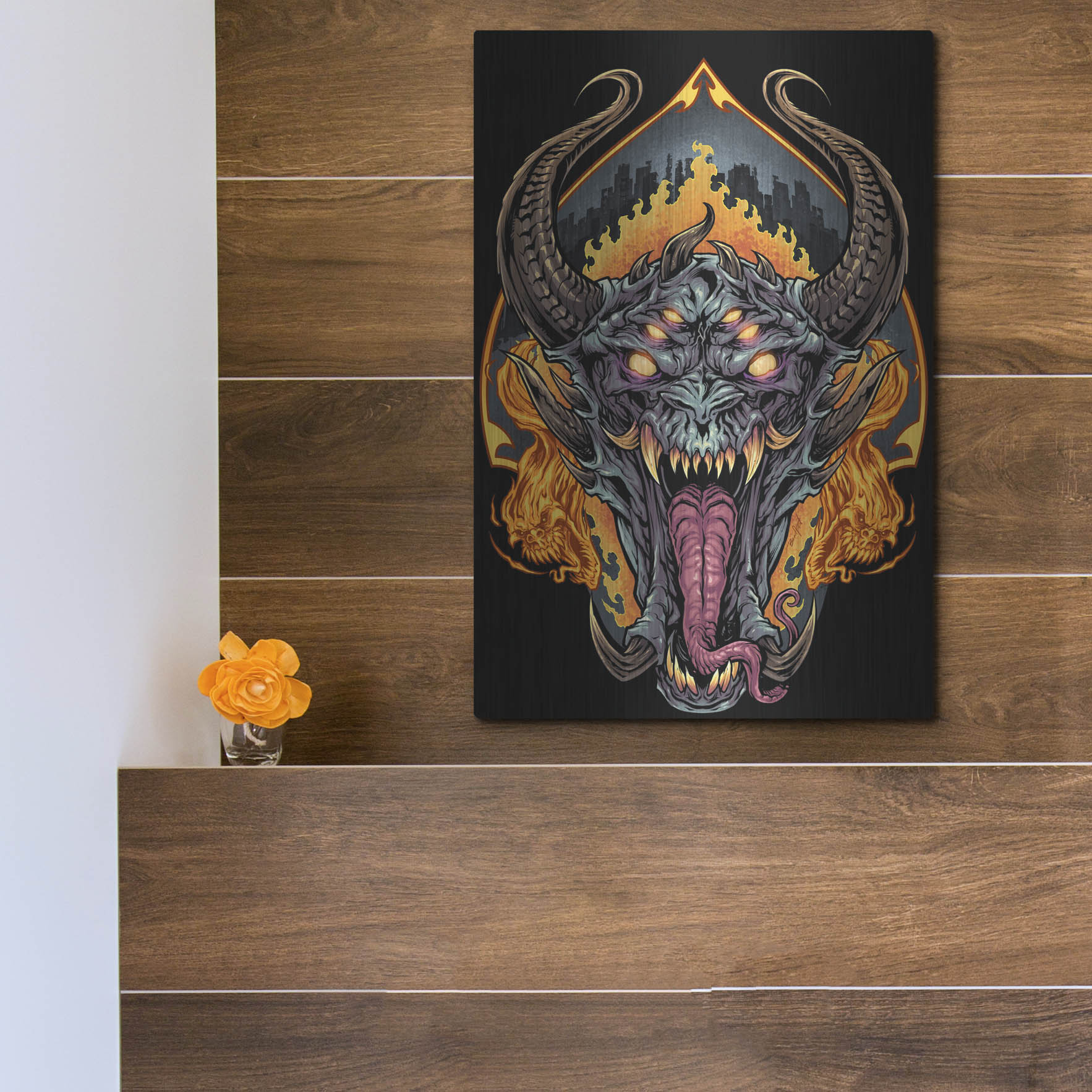 Luxe Metal Art 'Demon Face and Fire Skulls' by Flyland Designs, Metal Wall Art,12x16