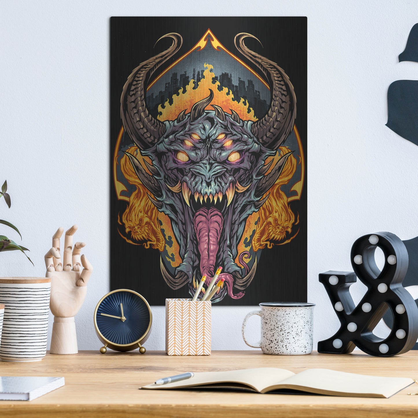 Luxe Metal Art 'Demon Face and Fire Skulls' by Flyland Designs, Metal Wall Art,12x16