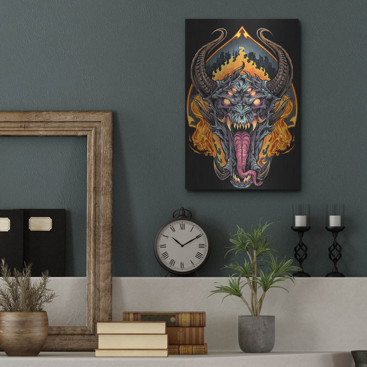 Luxe Metal Art 'Demon Face and Fire Skulls' by Flyland Designs, Metal Wall Art,12x16