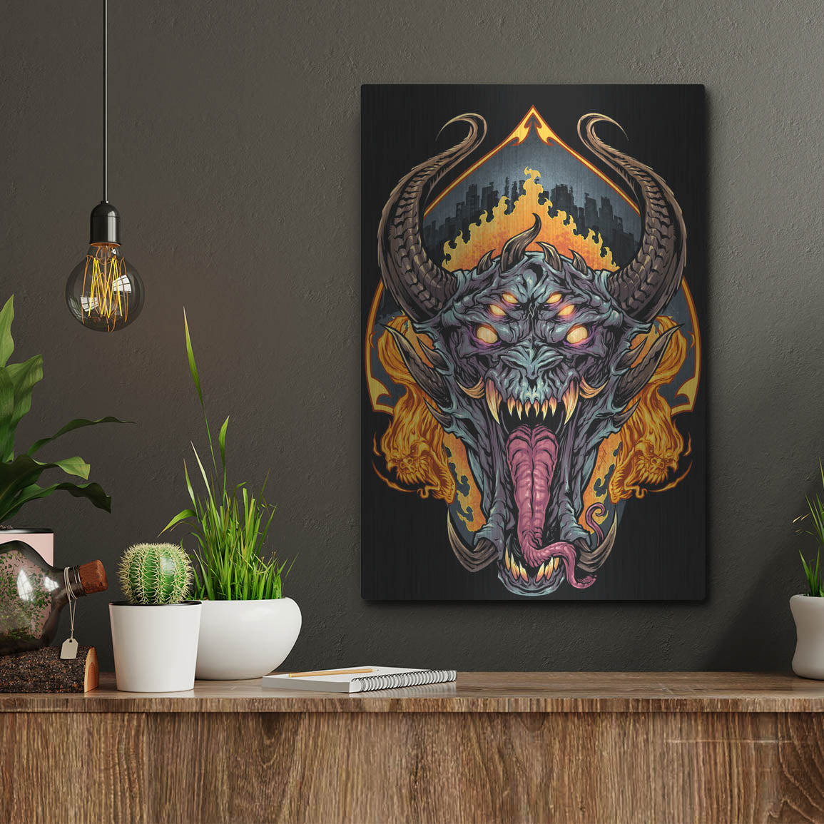 Luxe Metal Art 'Demon Face and Fire Skulls' by Flyland Designs, Metal Wall Art,12x16