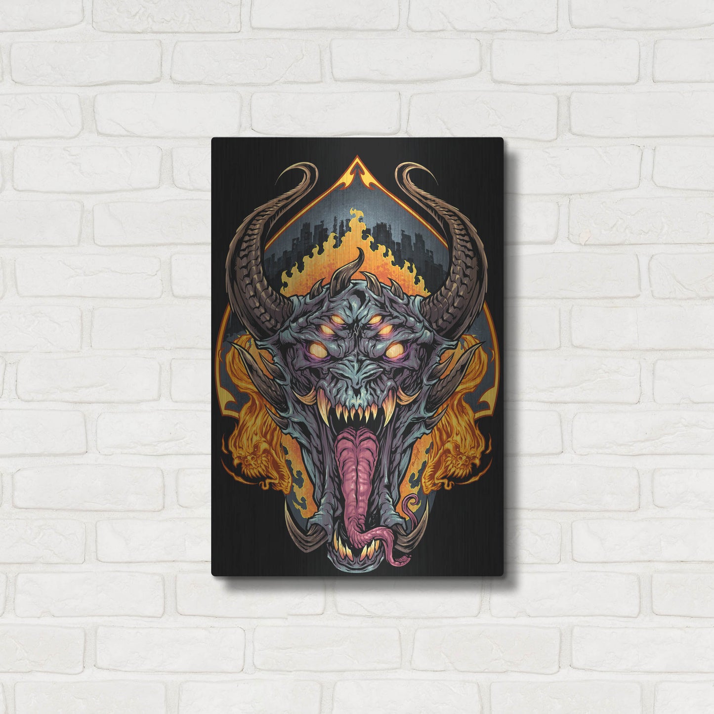 Luxe Metal Art 'Demon Face and Fire Skulls' by Flyland Designs, Metal Wall Art,16x24
